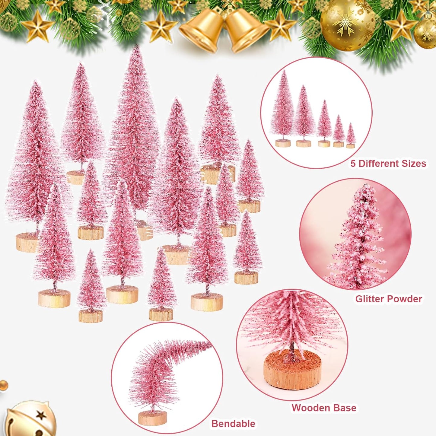 42 Pcs Christmas Tree DIY Bottle Brush Trees Pink Plastic Sisal Trees Miniature Snow Frost Fir with Wood Base for DIY Crafting,Displaying,Desktop Home Decoration Christmas Decoration,6 Styles