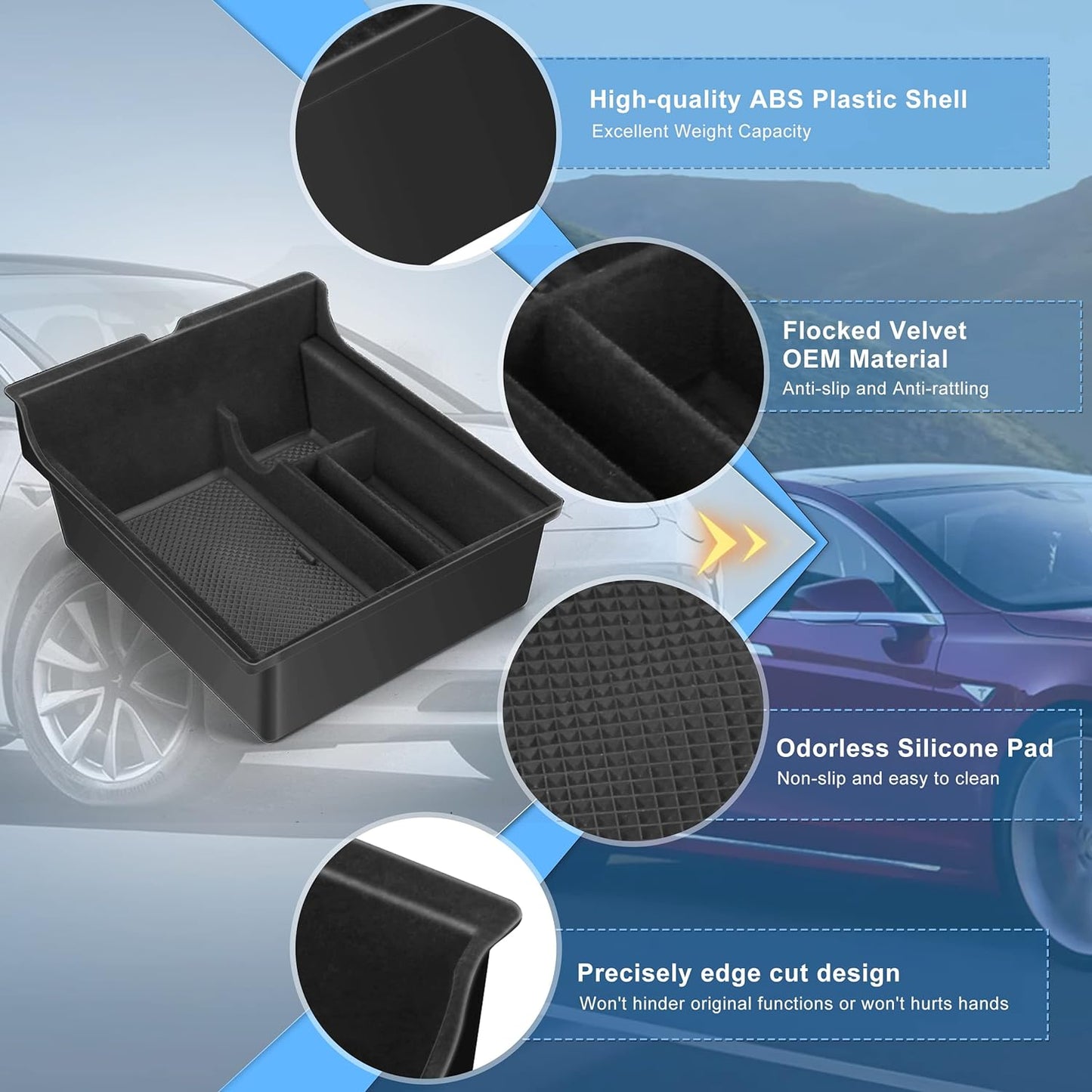 5Pcs 2023 Upgraded Center Console Organizer Tray Compatible for Tesla Model 3 Model Y Accessories 2023 2022 2021 Armrest Hidden Drawer Storage Box 1PC Webcam Cover 1PC Tissue Holder