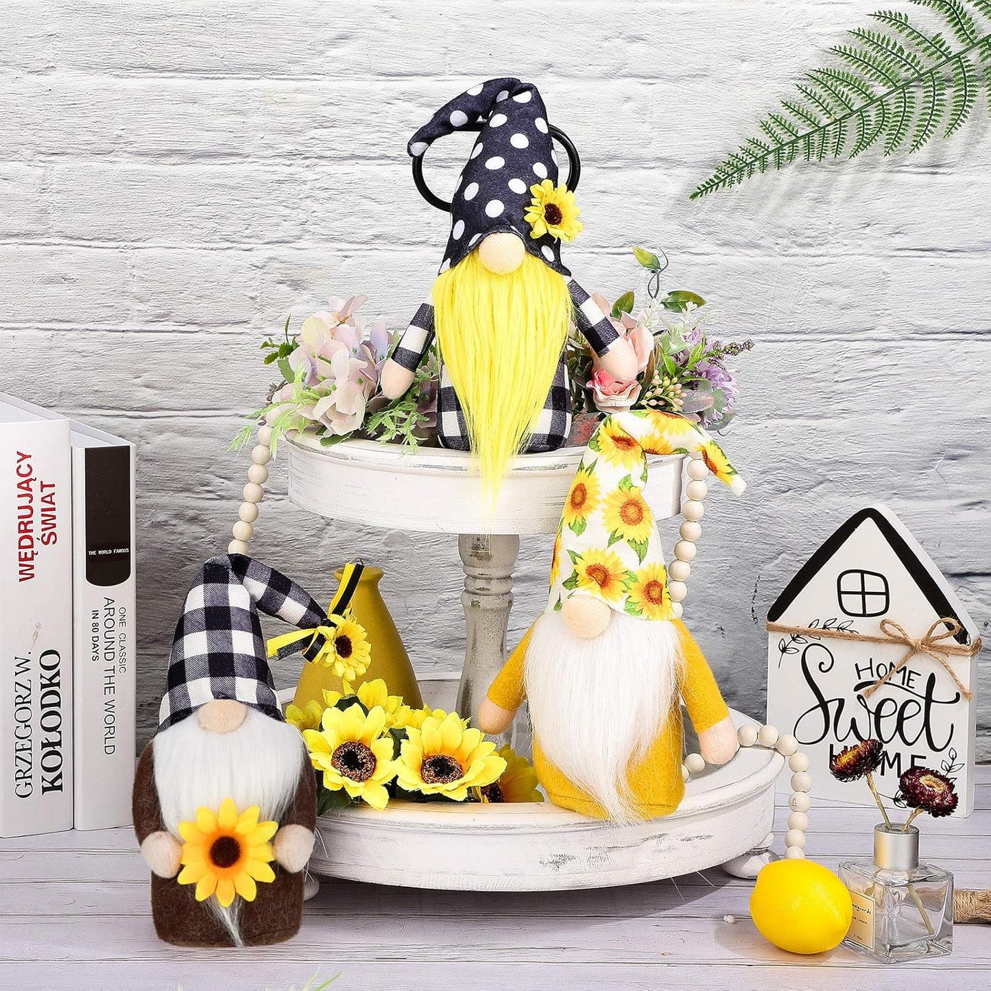 3 Pieces Fall Sunflower Swedish Gnomes Decor Sunflower Buffalo Plaid Rustic Tiered Tray Decorations Plush Tiered Tray Gnomes Ornaments for Home Garden Kitchen Decor