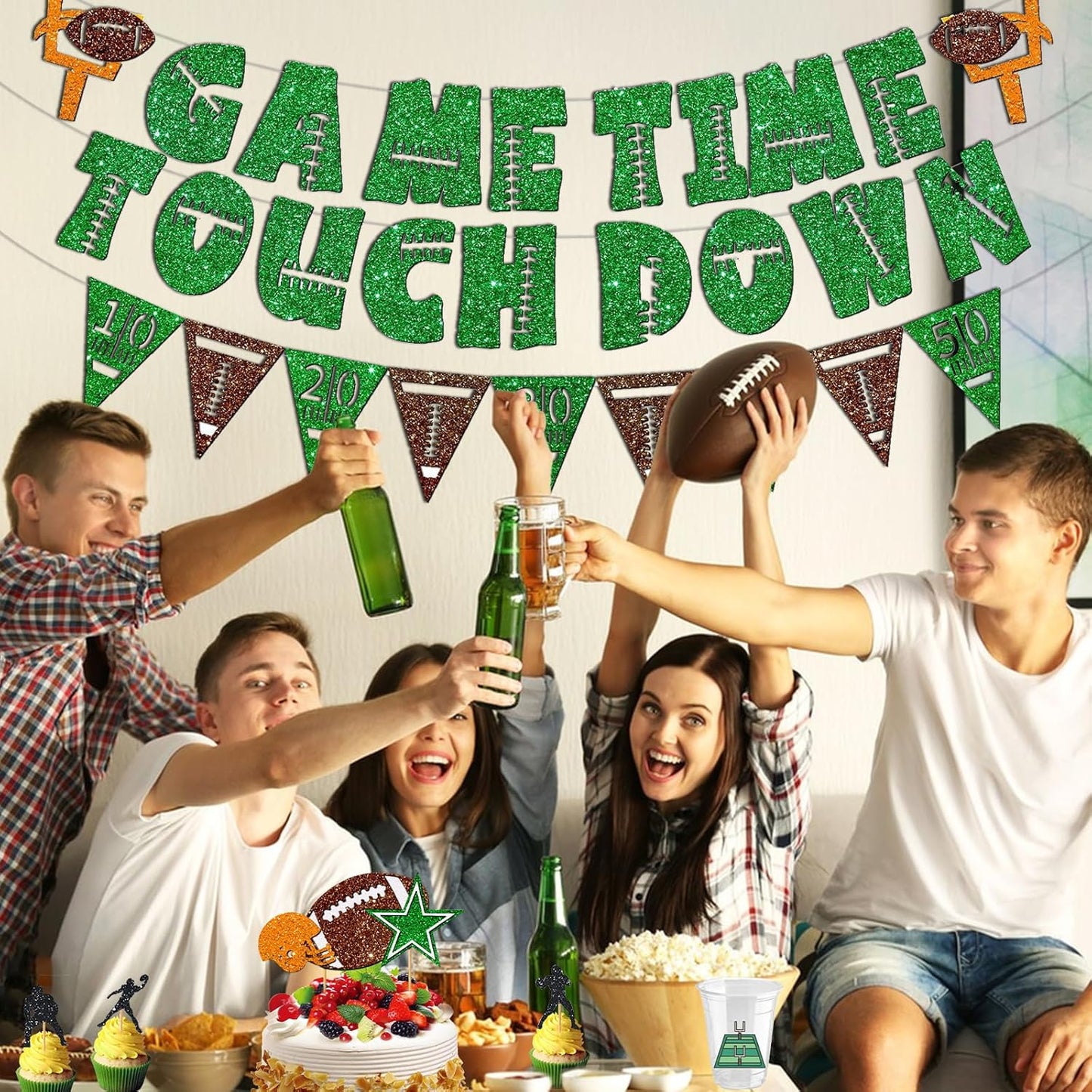 26 Pcs Superbowl Party Decorations 2025, Football Game Time Touch down Banner and Cake Topper, Cup Sticker, Football Party Decor, Super Bowl Party Supplies for Sport Tailgate Game Day Party