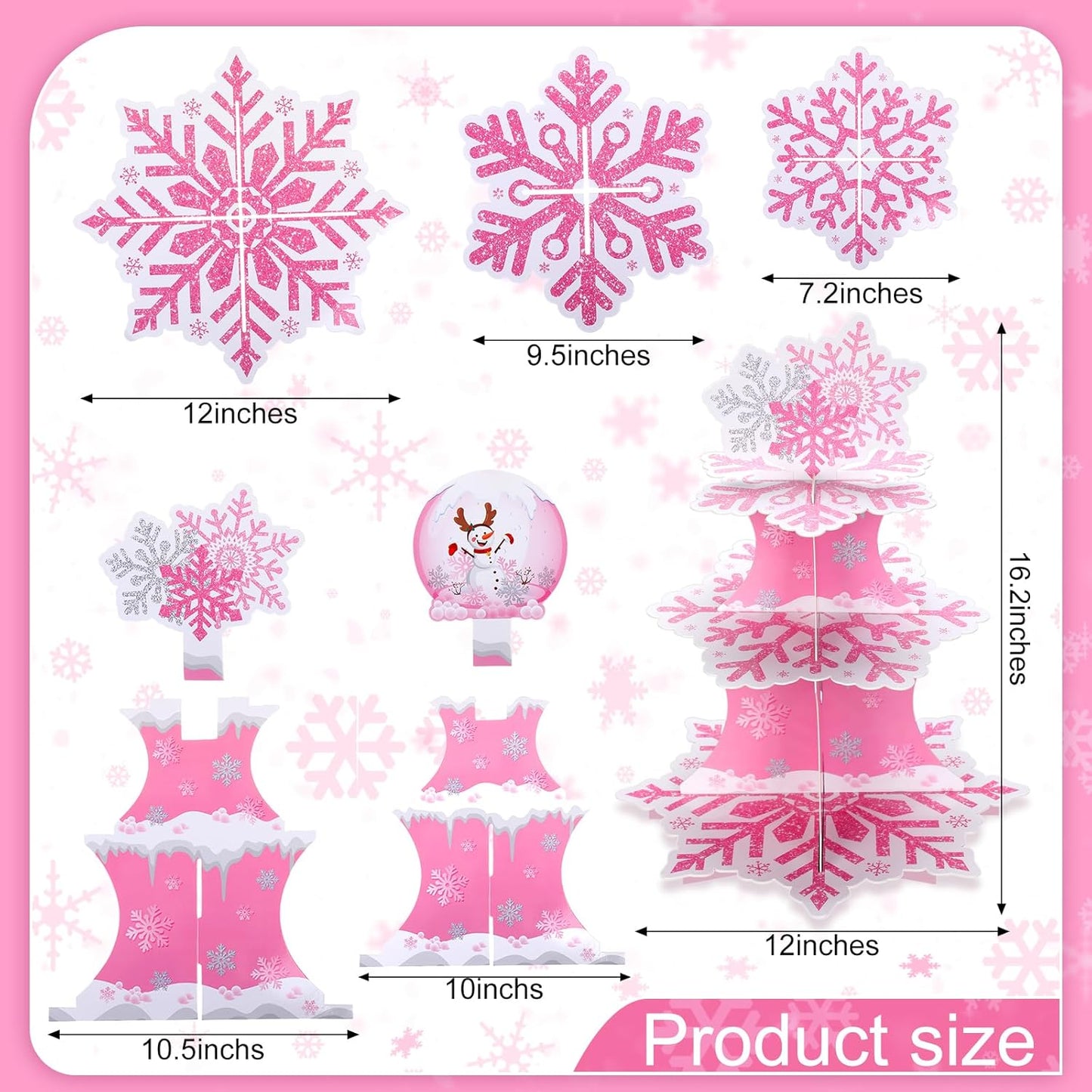 3 Tier Snowflake Cupcake Stand Winter Cake Stand Winter Dessert Tower Cupcake Tray Holder Snowflake Cake Stand for Birthday Party Christmas Holiday Decoration Supplies(Pink)