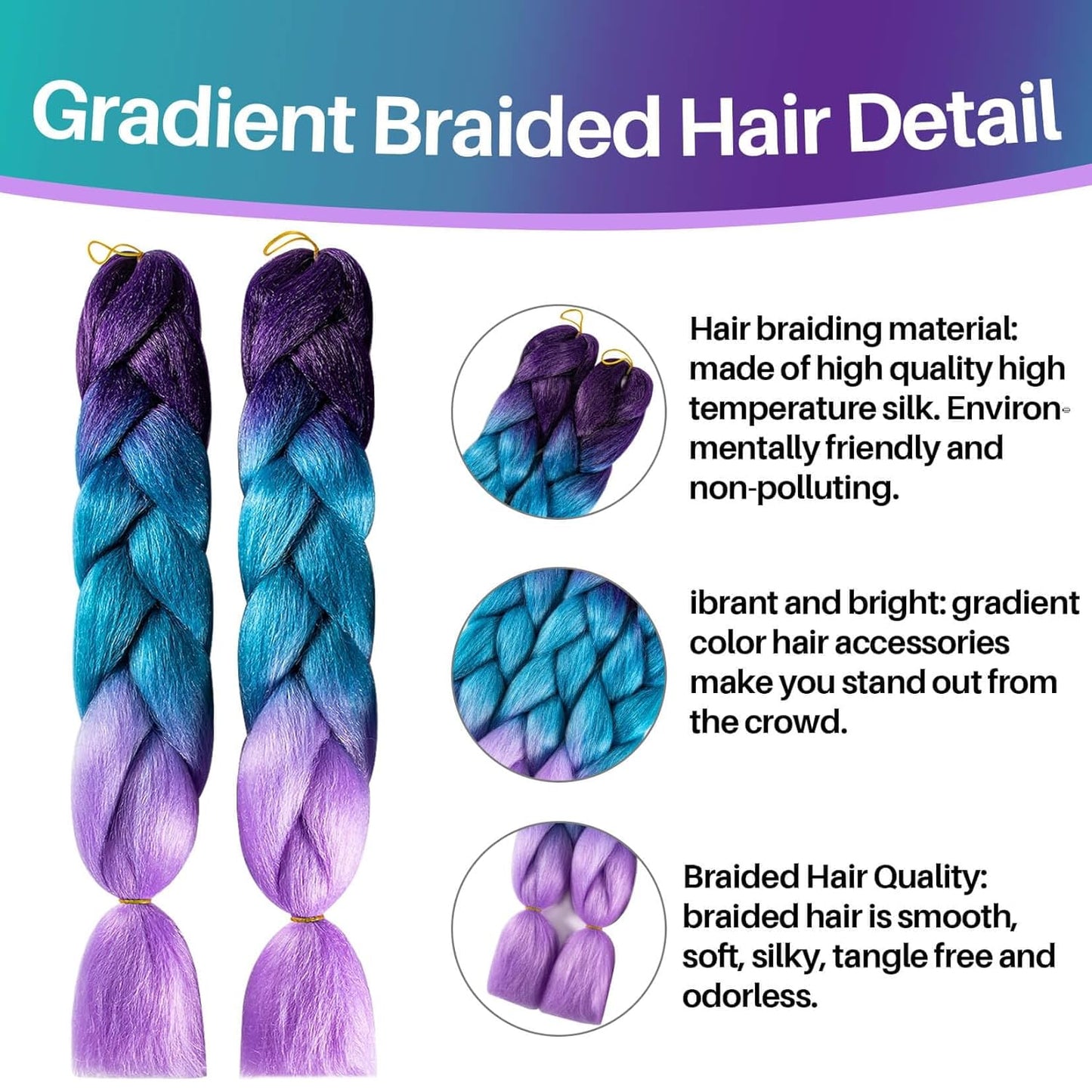 2 Pack Jumbo Braiding Hair - 24Inch Purple-Lake Blue-Light Purple Braiding Hair Synthetic Hair Extensions Rainbow Braiding Hair High Temperature Synthetic Braiding Hair Wedding Makeup Styling