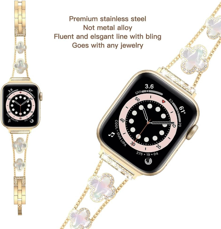 Diamond Metal Band Adds Sparkle to Your Watch - Compatible with Apple Watch Series 8/7/6/5/4/3/2/1Se/Ultra - Clover Is Simple and Stylish, Fits Women'S Sizes 38Mm 40Mm 41Mm 42Mm 44Mm 45Mm 49Mm.(Gold/Black, 42Mm/44Mm/45Mm)