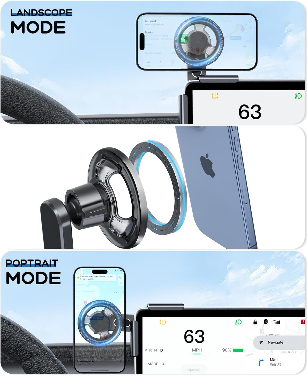 Tesla Phone Mount for Magsafe, Magnetic Tesla Phone Holder for Tesla Model 3 Model Y, Tesla Model 3/Y Accessories 2024 Fits All Phones