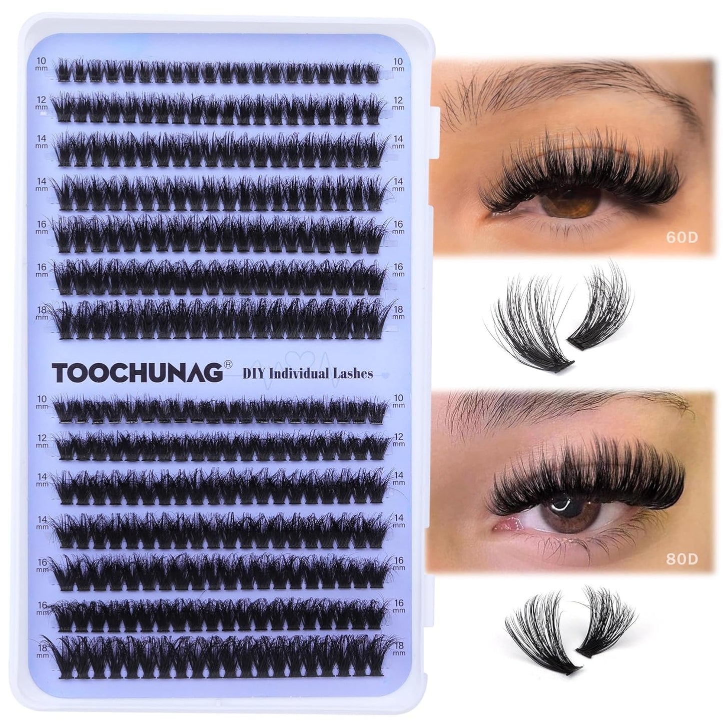 Fluffy Lash Clusters 60D+80D Thick Eyelash Clusters D Curl Wispy Individual Lashes 10-18Mm Cluster Eyelash Extensions 280Pcs False Eyelashes DIY Flat Lash Extension by