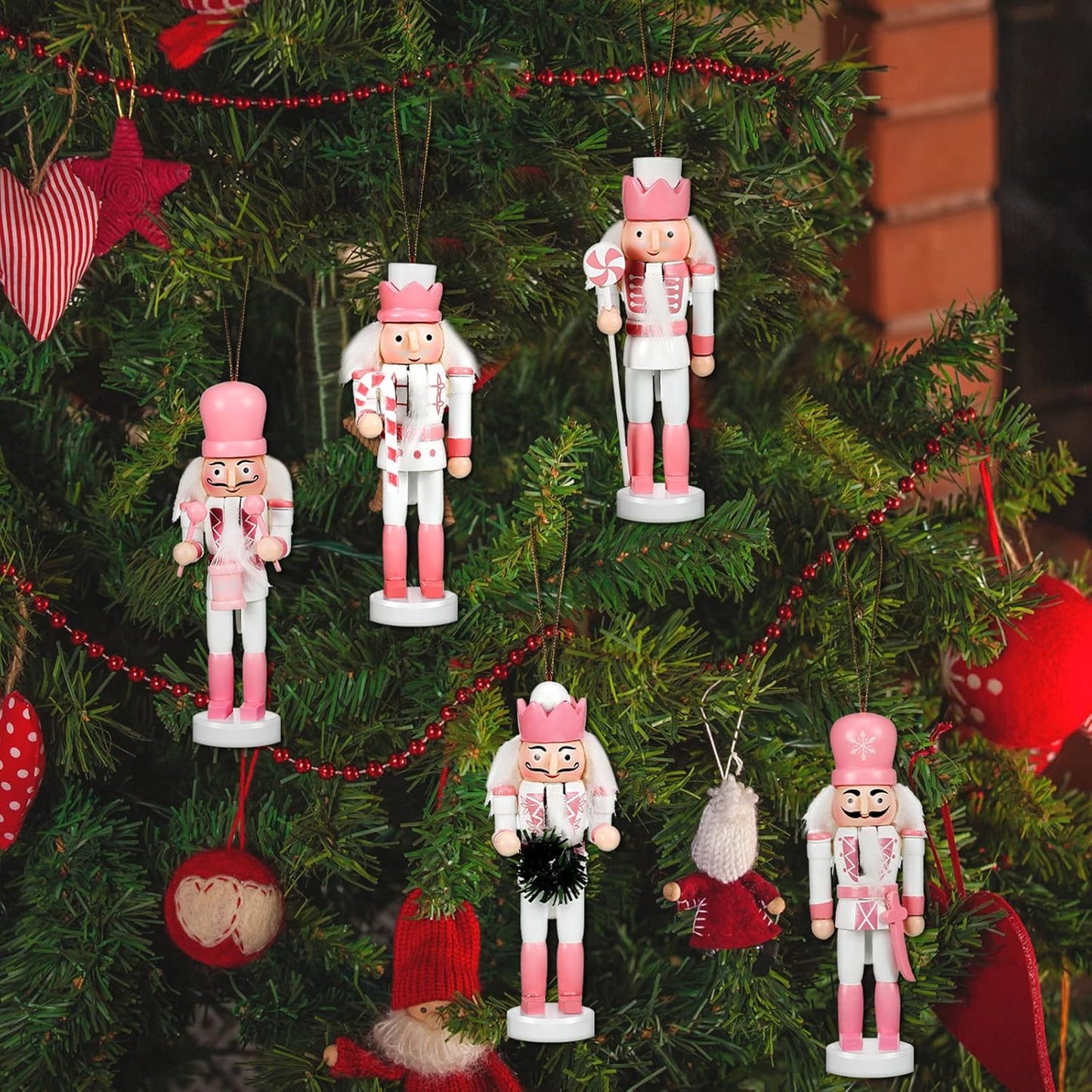 5 Pcs Christmas Nutcracker Ornaments Pink Wooden Nutcracker Hanging Decorations 5 Inch Soldier Nutcracker Figures Christmas Table Decoration Gift for Christmas Tree Holiday Party