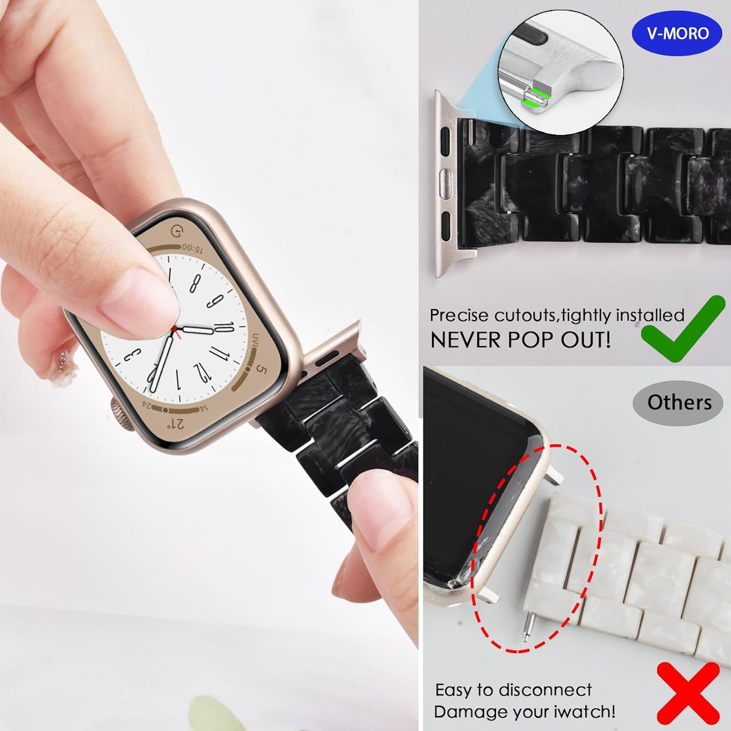 Lightweight Apple Watch Bands, Fashion Slim Resin Apple Watch Series 9/8/7 Band Starlight Stainless Steel Buckle Apple Watch Strap Compatible Iwatch Series SE/6/5/4/3/2/1 Women Men(Marble