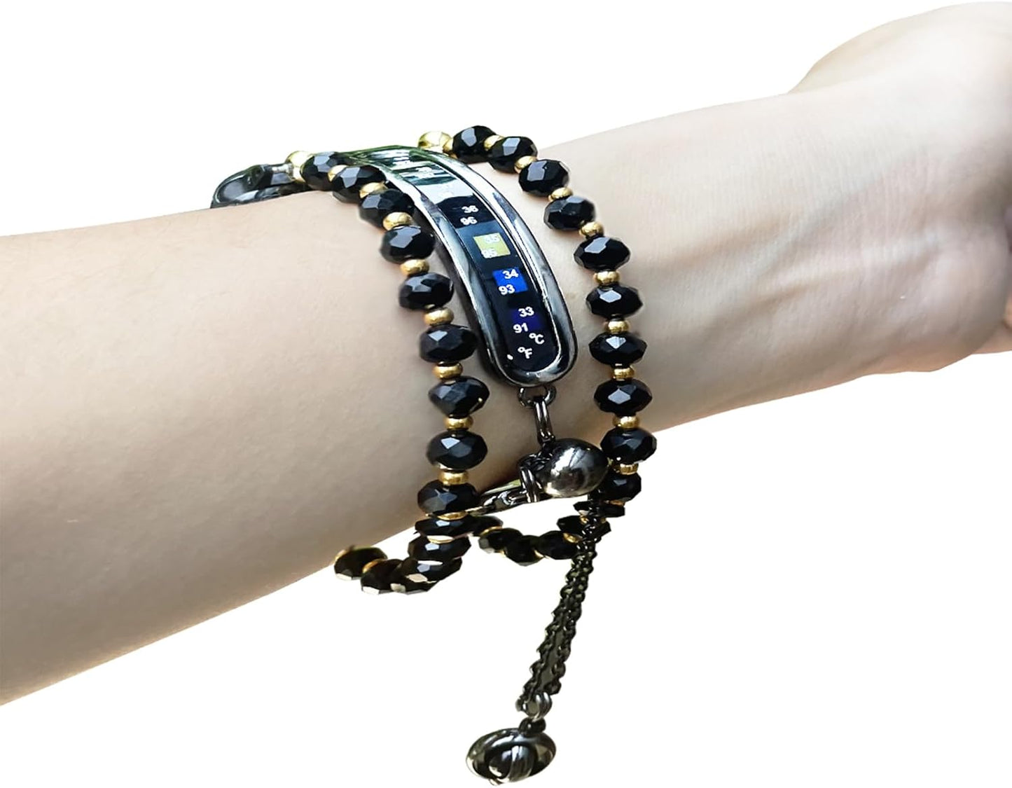 Beads Pearl Apple Watch Band Compatible for Iwatch Ultra Series SE 8 7 6 5 4 3 Jewelry Bracelet Watch Band with Thermometer Pendant Charm (42Mm/44Mm/45Mm, Black)