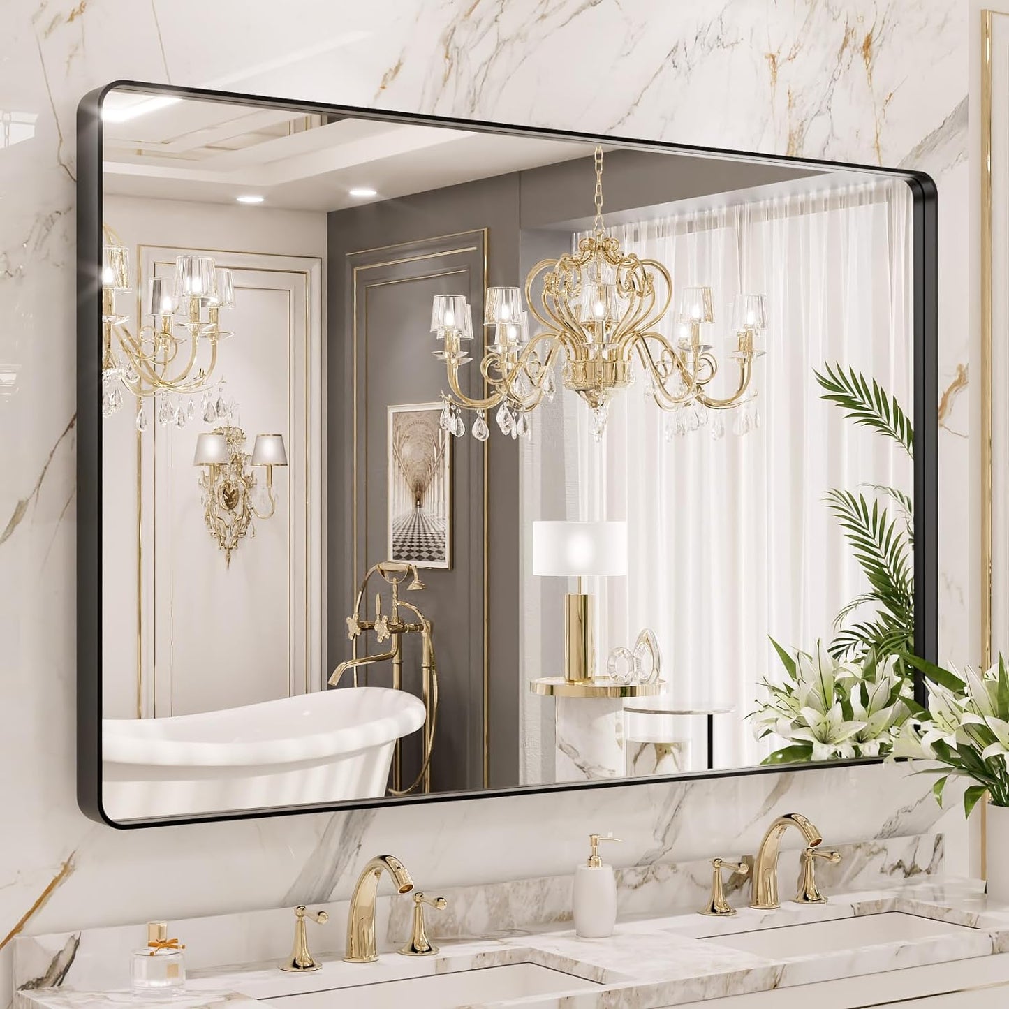 50X30 Inch Black Metal Framed Bathroom Mirror for Wall, Matte Black Bathroom Vanity Mirror Farmhouse, Large Rounded Rectangle Mirror, Anti-Rust, Tempered Glass, Hangs Horizontally or Vertically