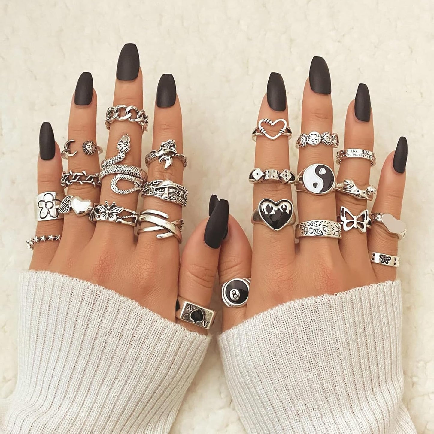 26-35 Pcs Vintage Silver Knuckle Rings Set for Women Men, Grunge Gothic Rings Chunky Aesthetic Snake Stackable Adjustable Punk Bulky Finger Alt Fairy Skull Frog Heart Star Flower Midi Ring Pack