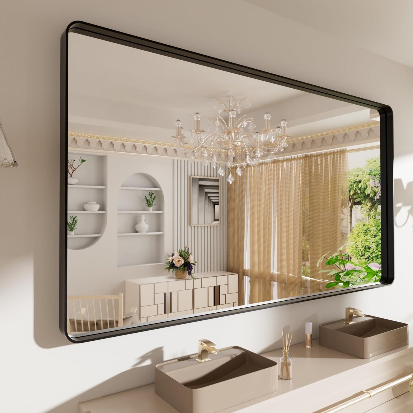 50X30 Inch Black Metal Framed Bathroom Mirror for Wall, Matte Black Bathroom Vanity Mirror Farmhouse, Large Rounded Rectangle Mirror, Anti-Rust, Tempered Glass, Hangs Horizontally or Vertically