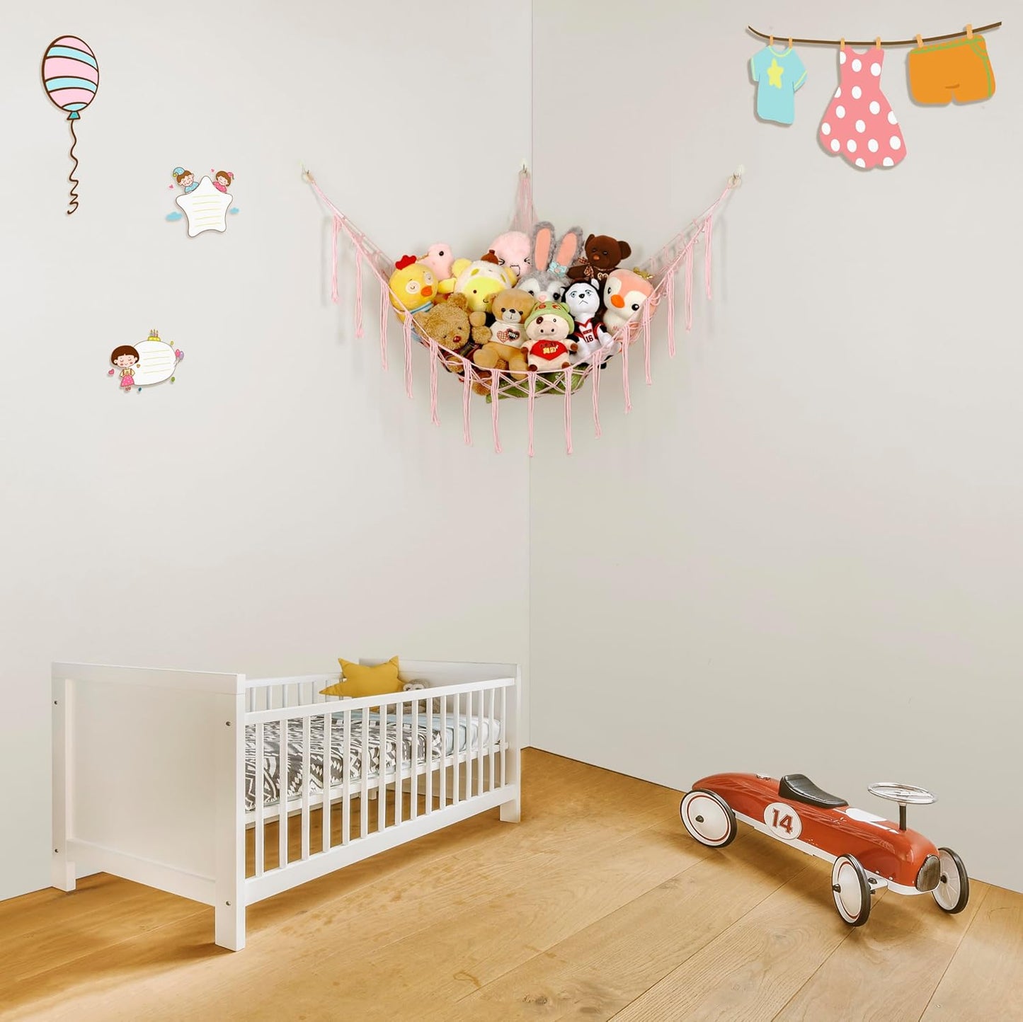 Boho Stuffed Animals Net or Hammock Large,55 Inch Toy Hammock Macrame Stuff Animal Storage Corner Hanging Net Holder,Mesh Hammock Plush Toy Organizer with Hooks for Bedroom,Nursery (Light Pink)