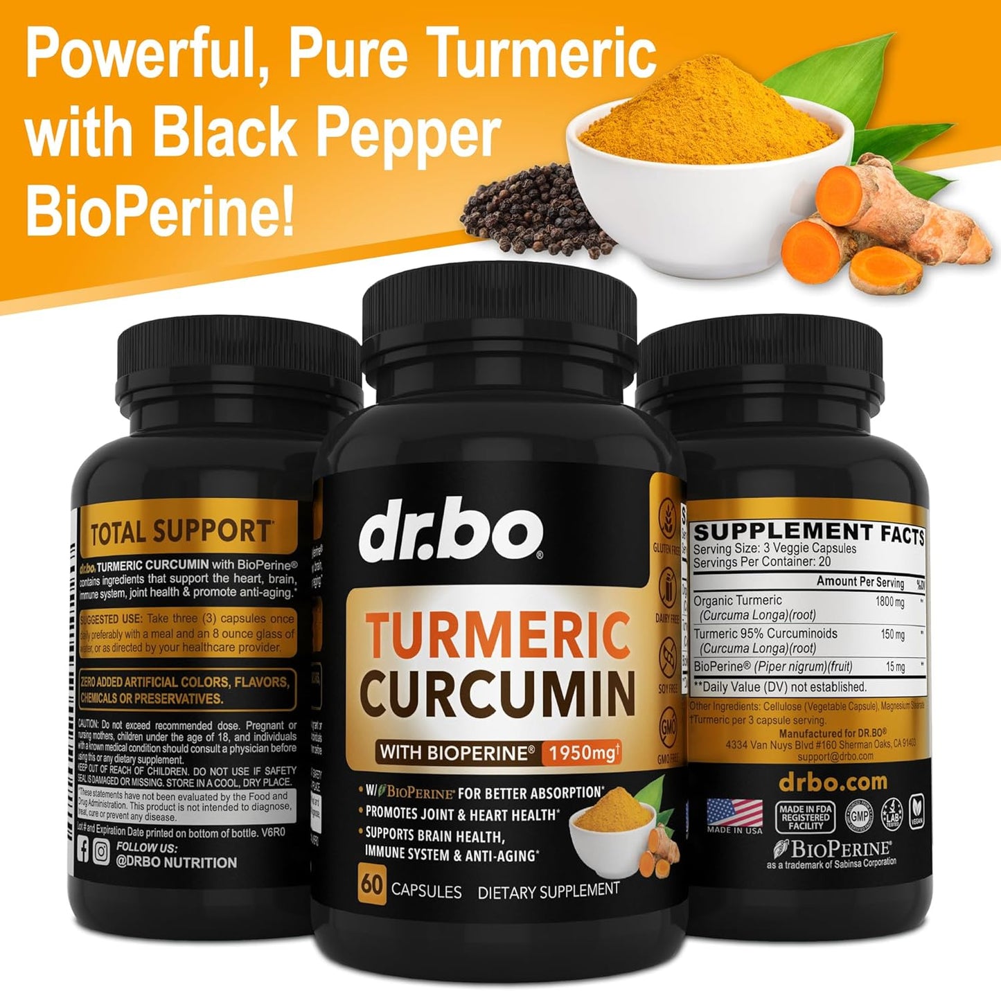 Turmeric Curcumin with Bioperine Supplement Capsules - Support Supplements with 1950Mg Curcuma Longa Pure Organic Tumeric and Curcumin Bioperine Black Pepper - 60 Turmeric Pills TLBH