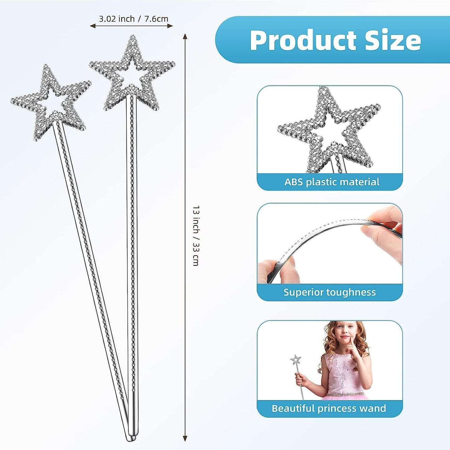 2 Pcs 13 Inch Star Wand Elf Baton Angel Wand Angel Fairy Wand Plating Wand Sticks for Princess Birthday Party Wedding Halloween Christmas Costume Cosplay Dress up Accessories(Silver)