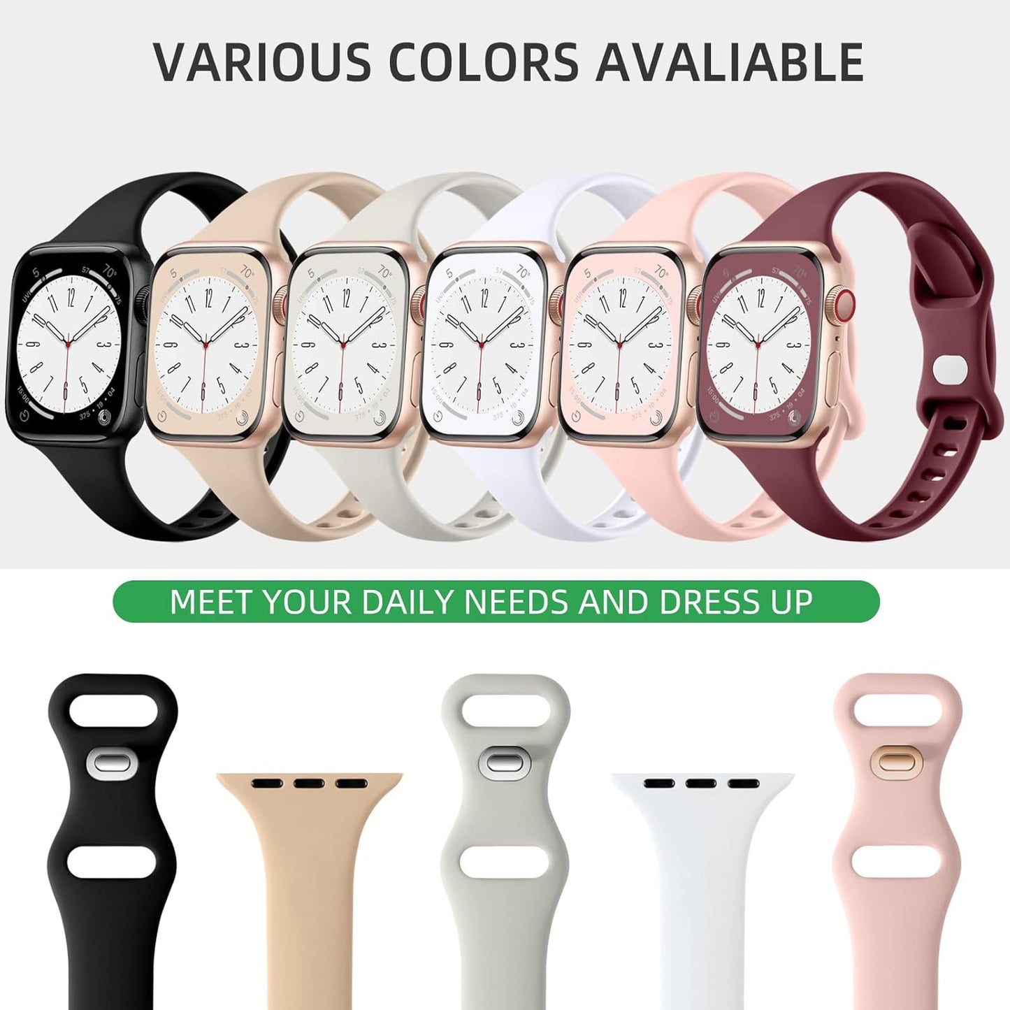 6 Pack Slim Bands Compatible with Apple Watch Band 40Mm 38Mm 44Mm 42Mm 41Mm 45Mm for Women Men, Soft Silicone Waterproof Sport Strap Replacement Wristbands for Iwatch Series 9 8 7 6 5 4 3 2 1 SE Ultra/Ultra2