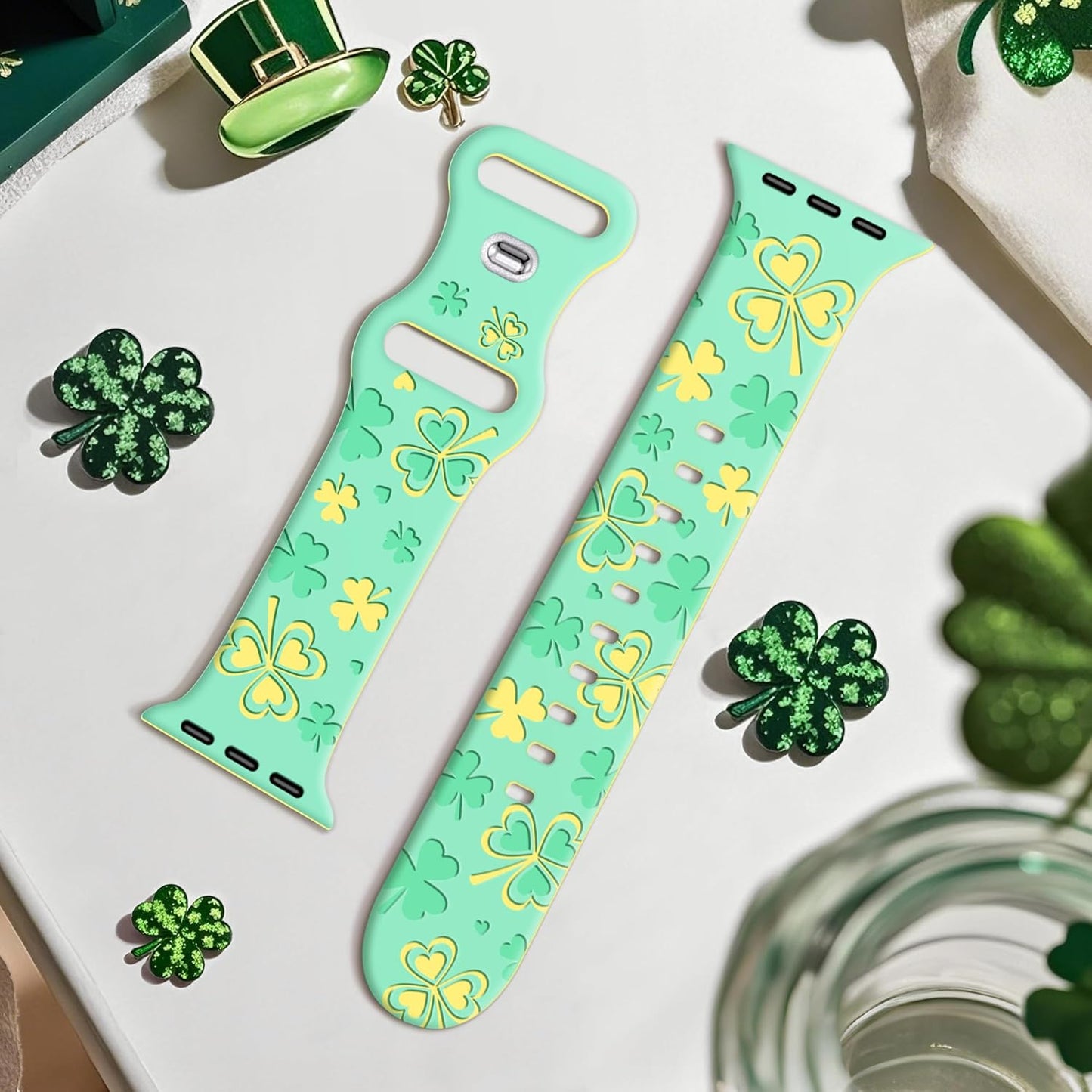 Shamrocks Lucky Clover Band for Apple Watch Bands for Women 42Mm 41Mm 40Mm 38Mm, St Patricks Day Cute Soft Silicone Iwatch Bands for Iphone Watch Bands Series 10 9 8 7 6 5 4 3 Se-Green(Yellow)