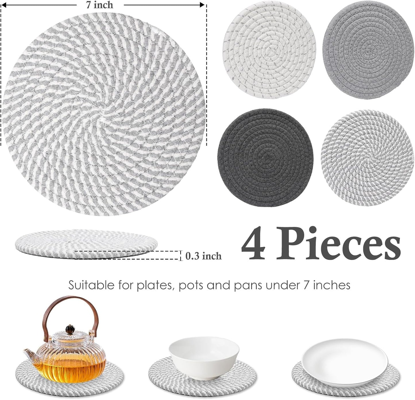 7" Trivets for Hot Dishes, Hot Pots and Pans, 4 Heat Resistant Hot Pads, Pot Holders for Kitchen, Hot Plate Mats for Kitchen Countertops, Table, Home Essentials, Farmhouse Decor