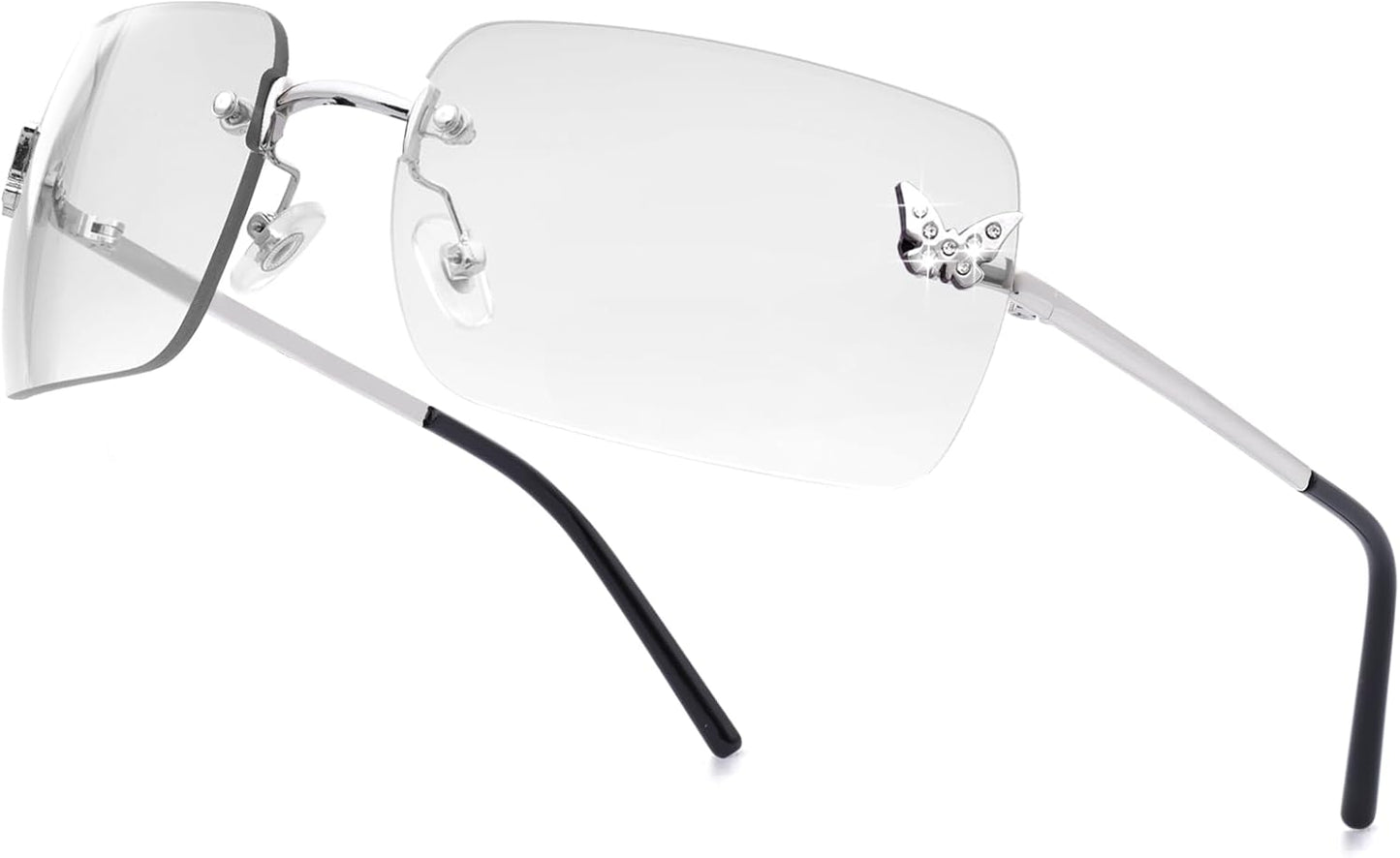Rimless Rectangle Y2K Sunglasses for Women Men Cute Small Clear Frameless Tinted Lens 2000S Fashion Shades Butterfly
