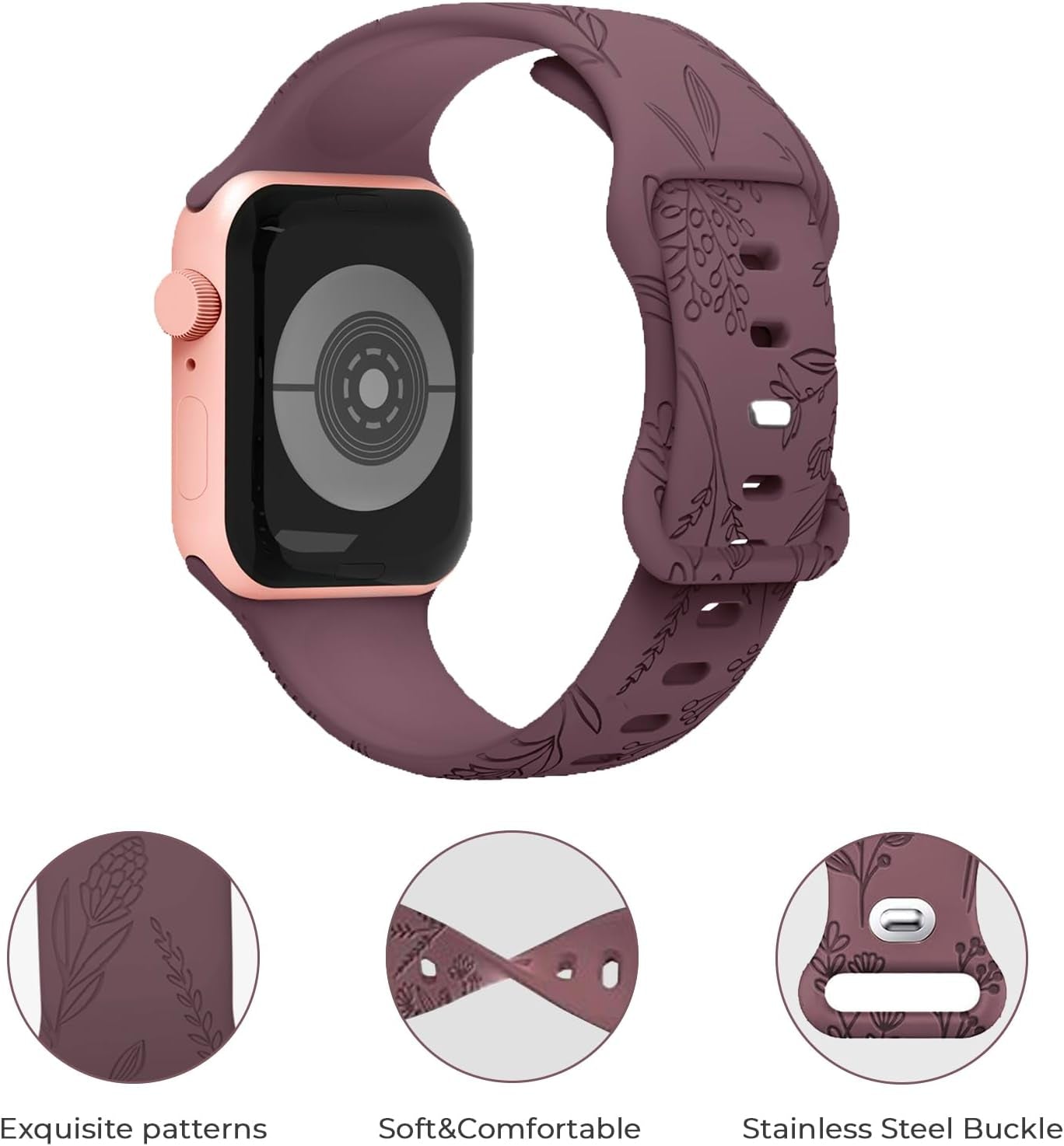 Floral Engraved Sport Bands Compatible with Apple Watch Band 40Mm 41Mm 38Mm 42Mm 44Mm 45Mm 49Mm, Soft Silicone Embossed Cute Wildflowers Sport Laser Strap for Iwatch Series 9 8 7 6 5 4 3 2 1 SE Ultra 2 Ultra Women Men