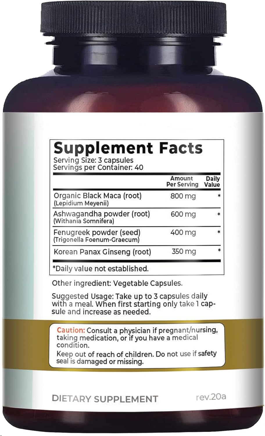 4-In-1 Organic Black Maca Root, Ashwagandha, Fenugreek, Panax Ginseng Capsules, Supplement for Men and Women (120 Count (Pack of 1) TLBH