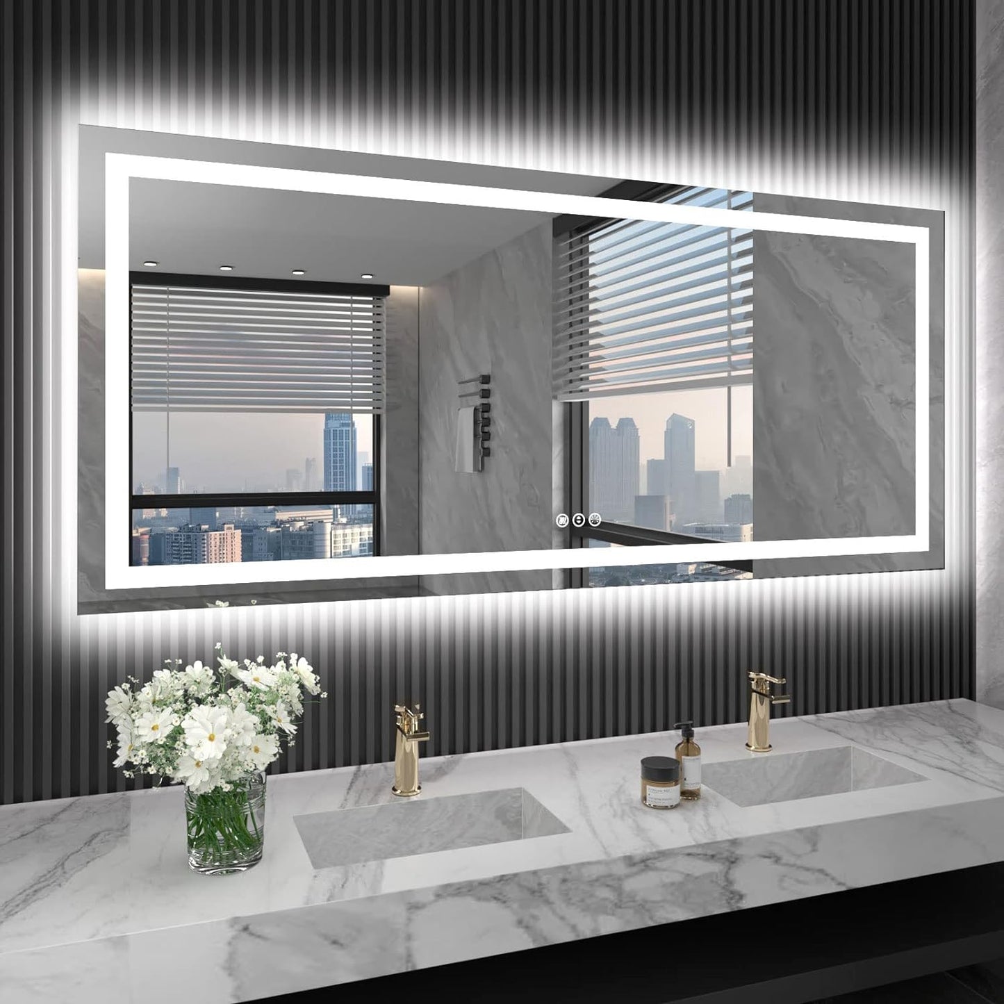 60”X30“ RGB LED Bathroom Mirror with Lights for Bathroom, Anti-Fog, Dimmable,Multiple Light Modes, RGB Backlit + Front Light, Memory Function, Tempered Glass