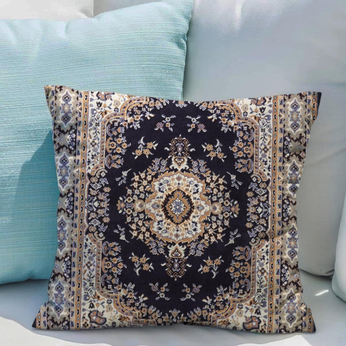 Boho Throw Pillow Covers 20X20 Inch Set of 2 Black Medallion Border Area Rug Double Sided Pattern Cotton Soft Pillow Case Cushion Cover Pillowcase for Couch Sofa Bed Decorative
