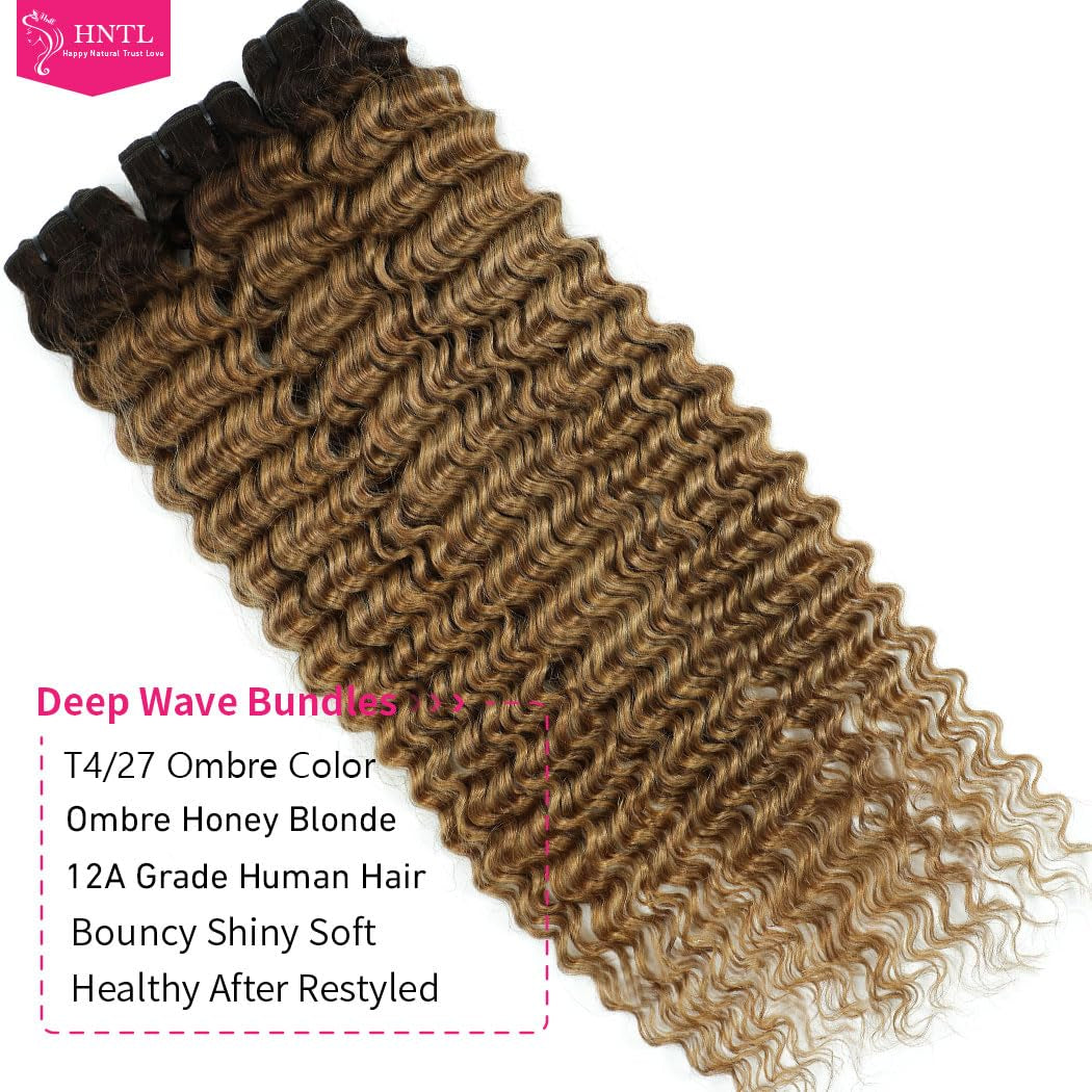12A Deep Wave Human Hair Bundles Ombre Honey Blonde Deep Wave Bundles Human Hair 18 20 22 Inch T4/27 Curly Bundles Brazilian Virgin Wet and Wavy Human Hair Bundles 2 Tone Water Wave Bundles