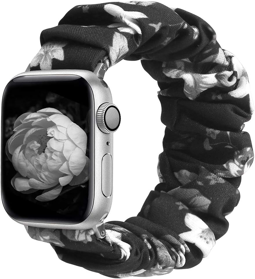 Compatible with Apple Watch Band 38Mm 40Mm 42Mm 44Mm Soft Floral Fabric Elastic Scrunchies Iwatch Bands for Apple Watch Series 6,SE,5,4,3,2,1 38Mm/40Mm Gray Flower L