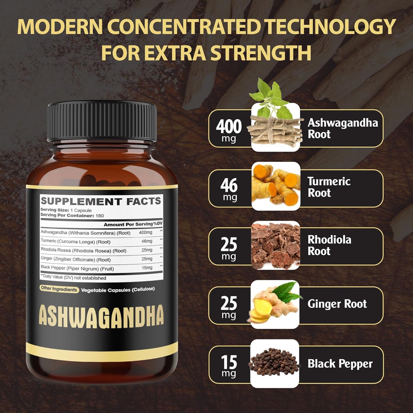 5In1 Premium Ashwagandha Capsules - Added Turmeric, Rhodiola Rosea, Ginger, Black Pepper - Strength, Spirit & Immune Support - 180 Caps for 6 Months TLBH