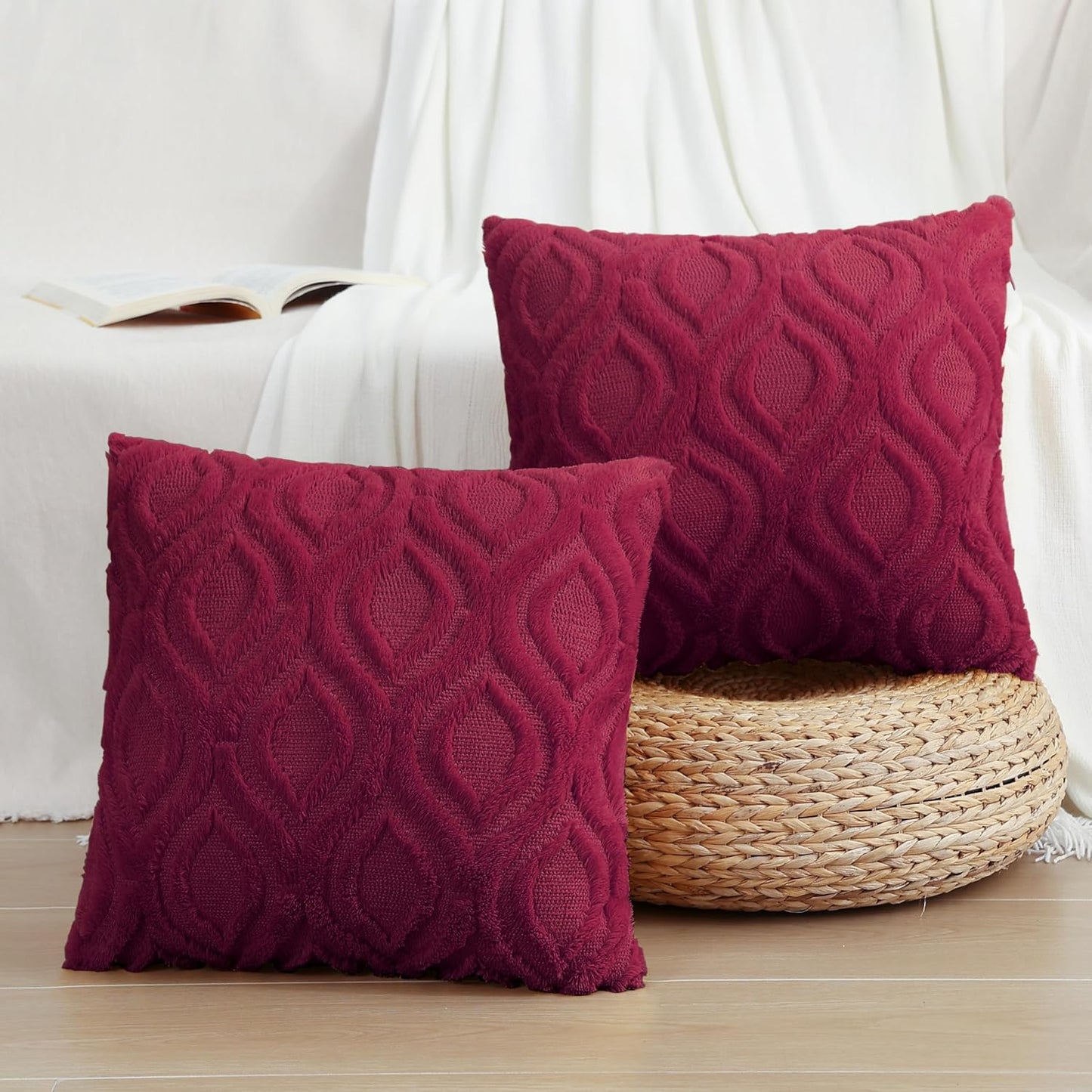 Christmas Decorative Throw Pillow Covers 18X18, Soft Plush Faux Wool Couch Pillow Covers for Home, Set of 2, Burgundy