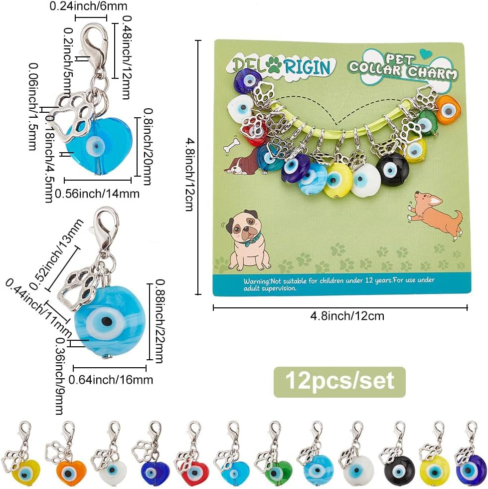 12Pcs Evil Eye Pet Collar Pendants for Cat Dog Heart Bead Jewelry Charms Lucky Dog Paw Pet Collar Pendants Clip-On Charms for Bag Decor Keychain Pet Necklace Training Home Decoration