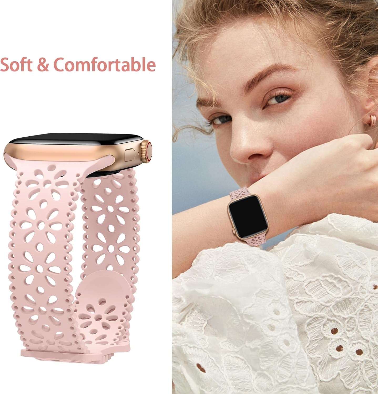 Lace Silicone Band Compatible with Apple Watch Band 40Mm 44Mm 38Mm 41Mm 45Mm 42Mm 49M for Women,Hollow-Out Sport Strap Soft Breathable Wristbands for Iwatch Series 9,Ultra,Se,8 7 6 5 4 3 2 1