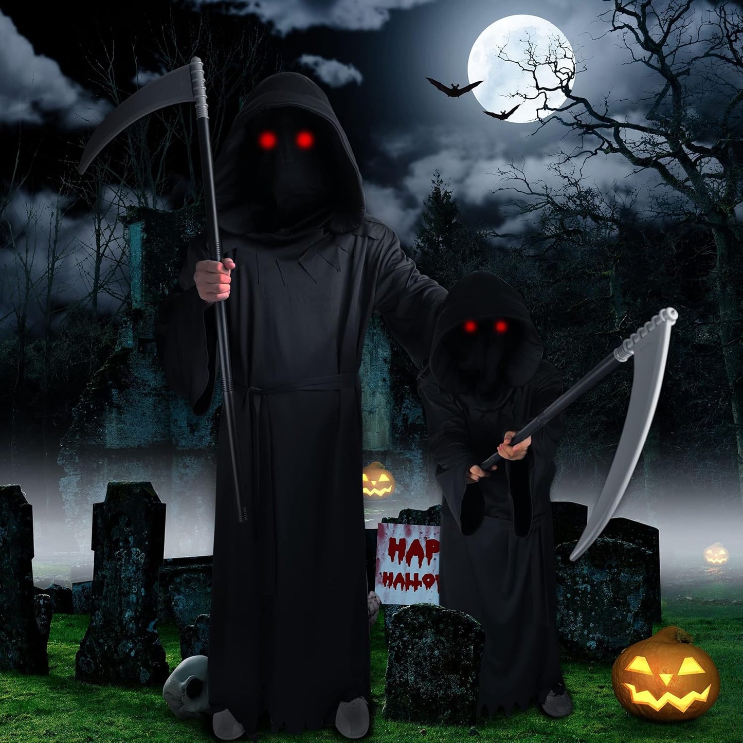 4-Size Grim-Reaper Costume Kids Adult with Glowing Red Eyes & Scythe Cosplay, Death Scary Halloween Costumes for Kids Adults