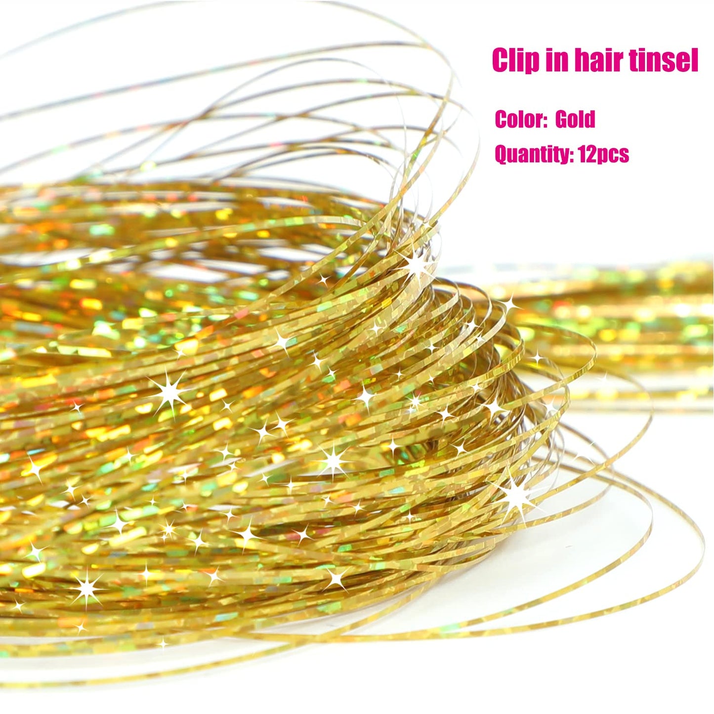 12Pcs Hair Tinsel Clip in 19.6Inch Tinsel Hair Extensions Clip in Hair Tinsel Kit Heat Resistant Shiny Sparkle Glitter Hair Extensions Fairy Hair Accessories for Women Girls Kids (Gold)