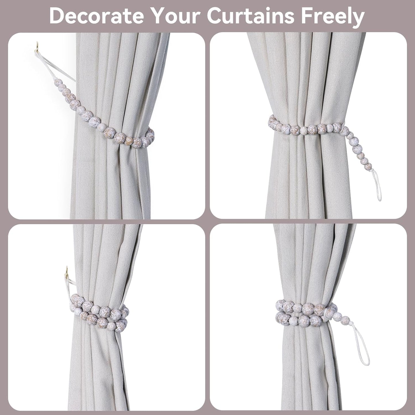 Wood Bead Curtain Tiebacks, Set of 6 Curtain Holdbacks for Thin or Thick Window Draperies, Boho Farmhouse Curtain Tiebacks with Hooks, Curtain Tie Backs for Home Office Room Décor