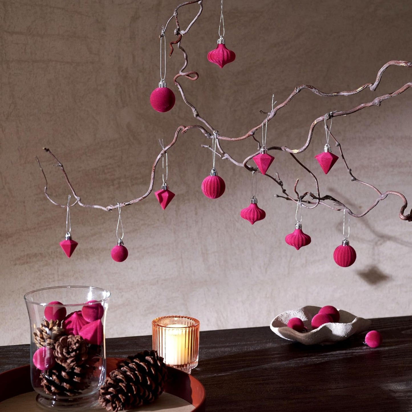Mini Velvet Christmas Ornaments, 24Ct Hot Pink Small Velvet Ornaments for Christmas Tree, Shatterproof Flocked Christmas Tree Ornaments Decorations for Home, New Year, Valentines Day