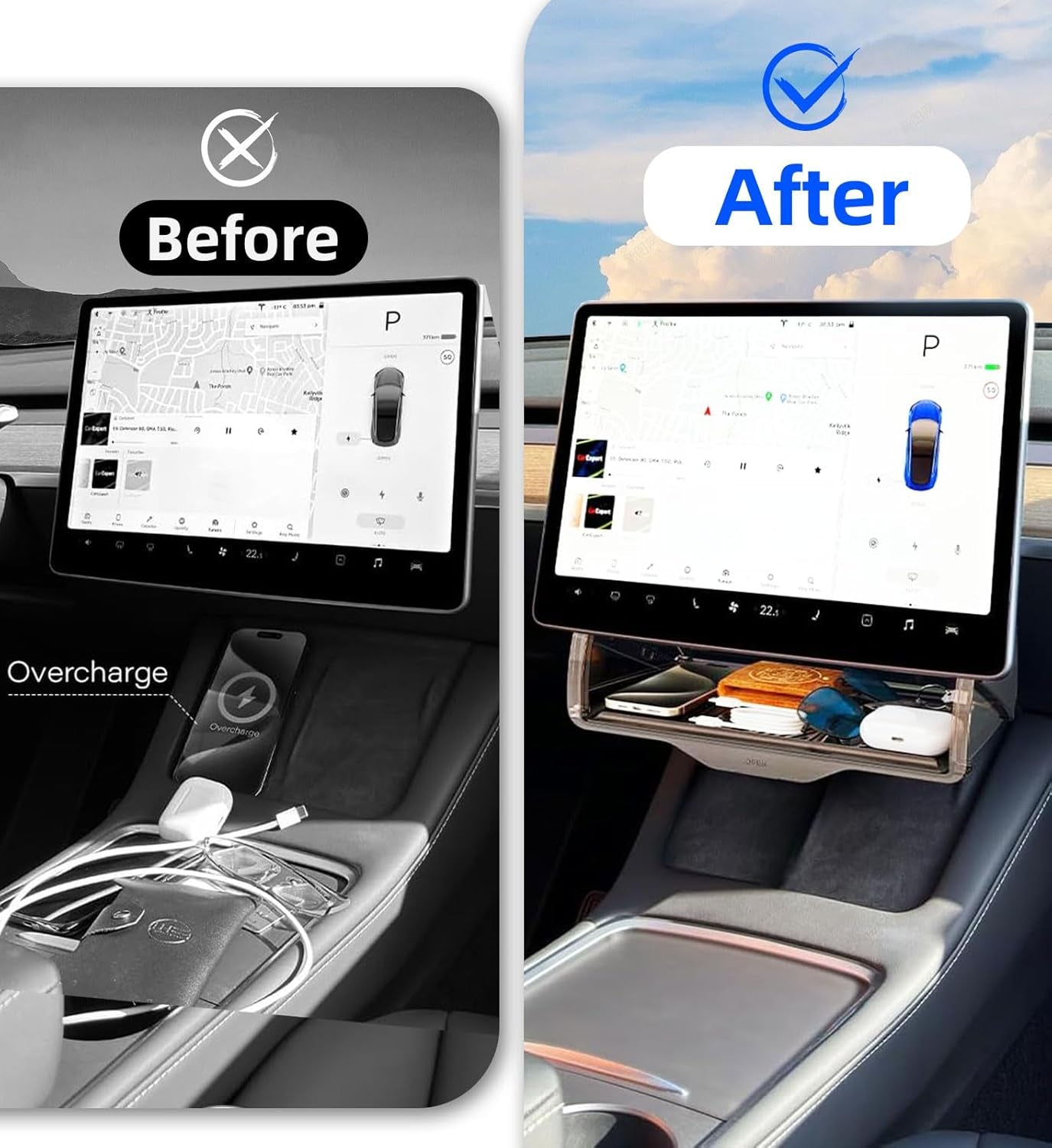 under Screen Storage for Tesla Model 3 Model Y 2016-2024, Open and Close Hidable Center Console Organizer Tray with Anti-Slip Silicone Pad for Tesla Model 3 Model Y Interior Accessories, Black