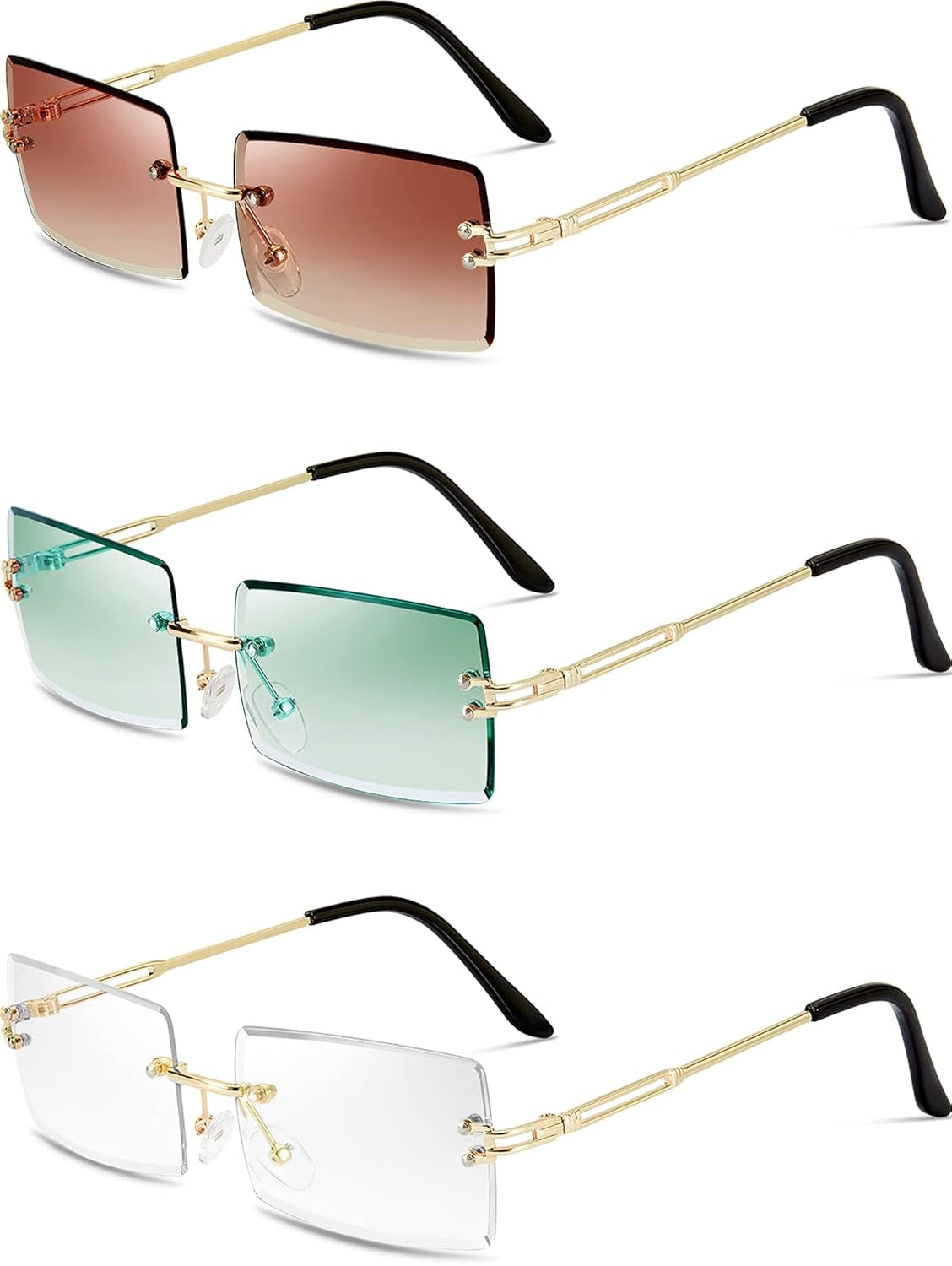 3 Pairs Rimless Rectangle Sunglasses Tinted Frameless Eyewear Vintage Transparent Rectangle Y2K Glasses for Women Men