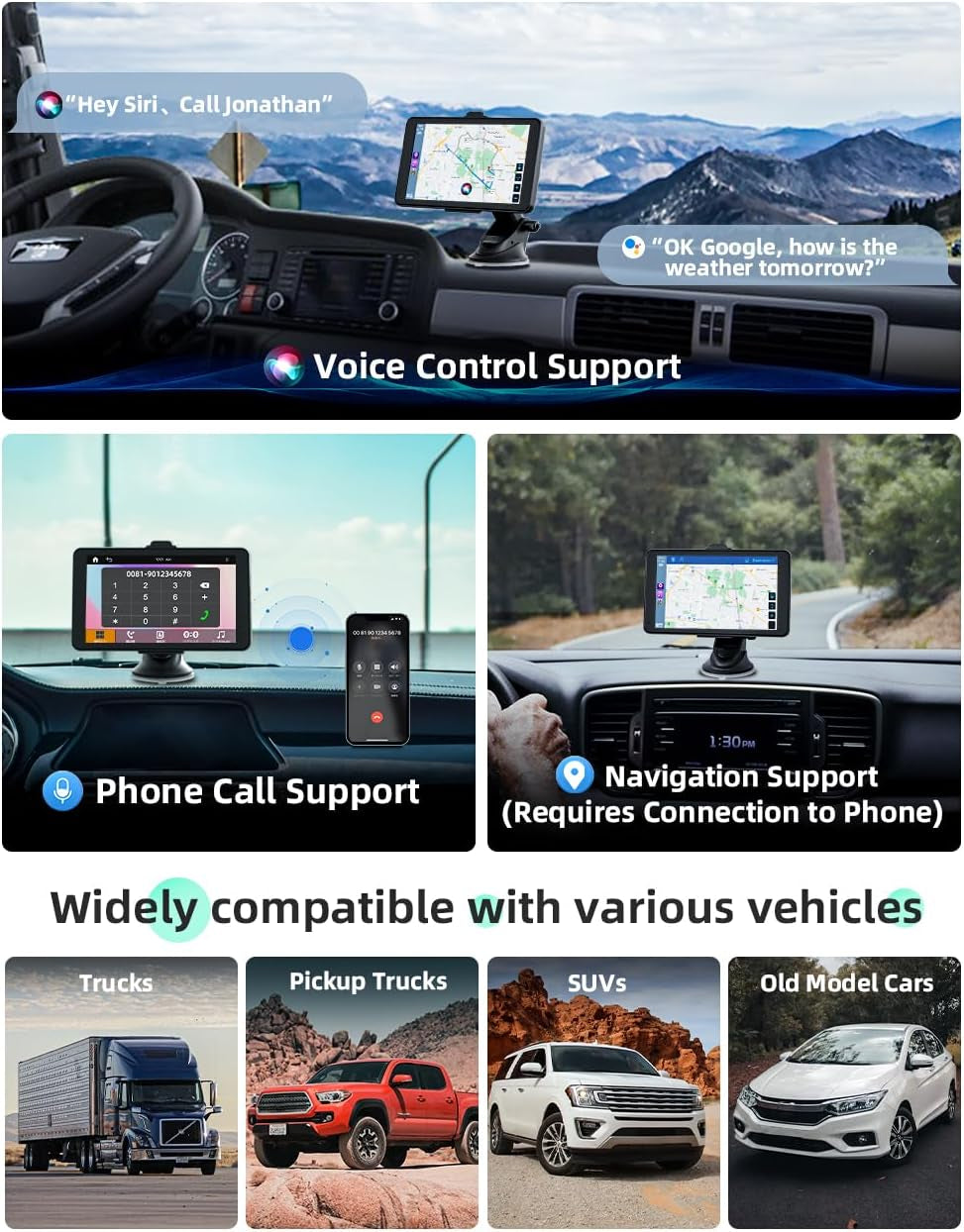 Carplay Car Stereo, Portable 7'' Car IPS Touch Screen with 720P Backup Camera for Most Vehicles with Car Drive Mate Navigation, Siri, FM, Bluetooth, and 3.5Mm AUX