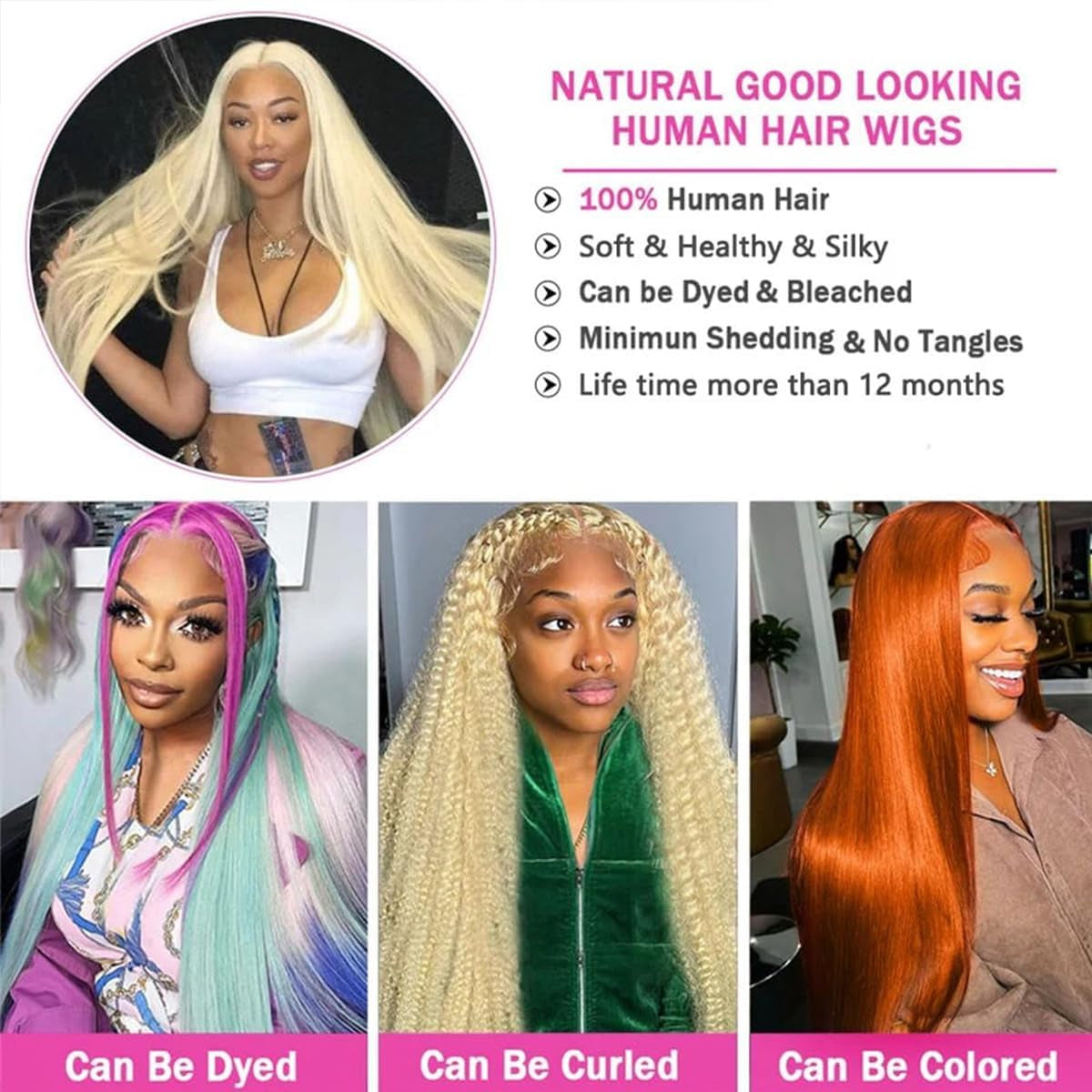 613 Blonde Bundles Human Hair Straight Hair 3 Bundles Human Hair 12A Brazilian Virgin Human Hair 613 Human Hair Weave Extensions 11Oz/Pak(Do200%-300% Density Wig)12 14 16Inch
