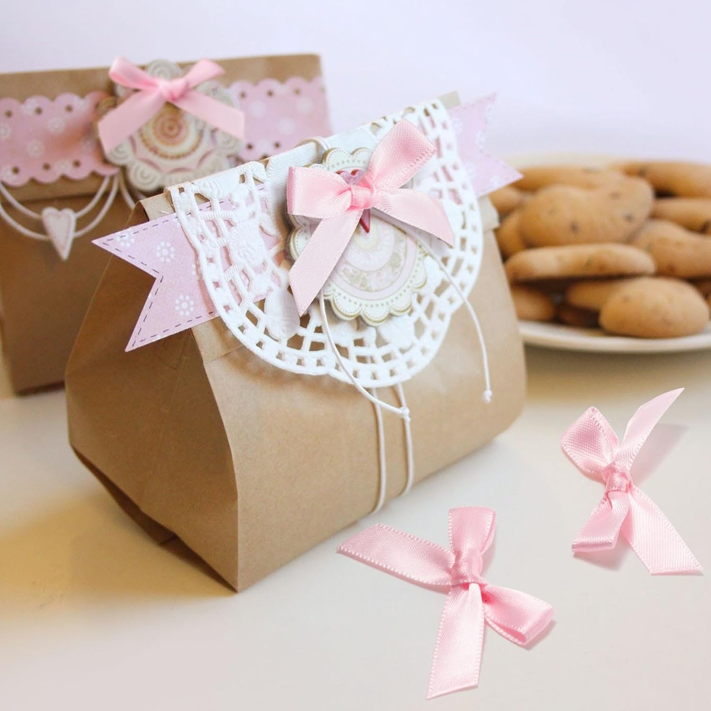 35Pcs Mini Pink Ribbon Bows, Small Satin Ribbon Bow, Cute Soft Bowknot Sewing Accessories for Flowers Bakery Wrapping Christmas Wedding Birthday Party Decoration