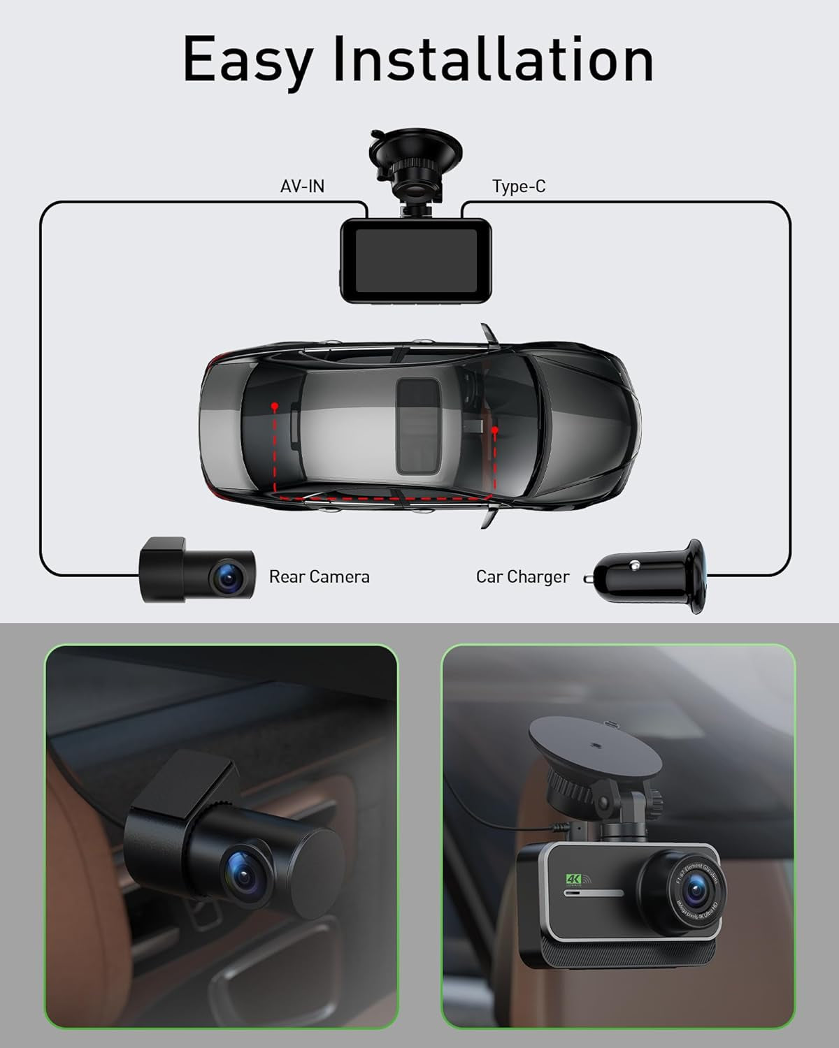 Dash Cam Front and Rear,4K+1080P Wifi Dual Dash Camera for Cars with App, 3" IPS Dashboard Camera Recorder,Night Vision,24H/7 Parking Mode, Loop Recording,170° Wide Angle,Free 64GB SD Card