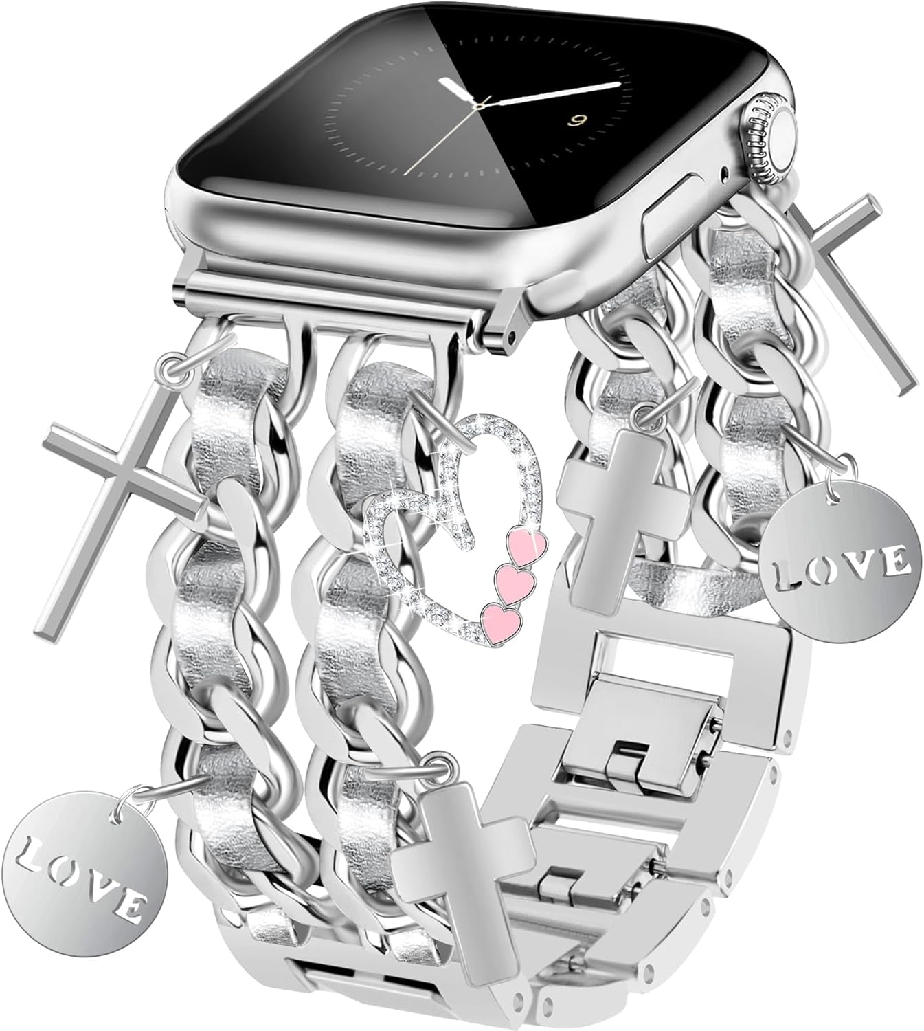 Sliver Charm Band Silver Bling Case Bundle Compatible with Apple Watch 38Mm 40Mm 41Mm 42Mm 44Mm 45Mm 46Mm 49Mm Women for Iwatch Series 10/9/8/7/6/5/4/3/2/1/Se/Ultra