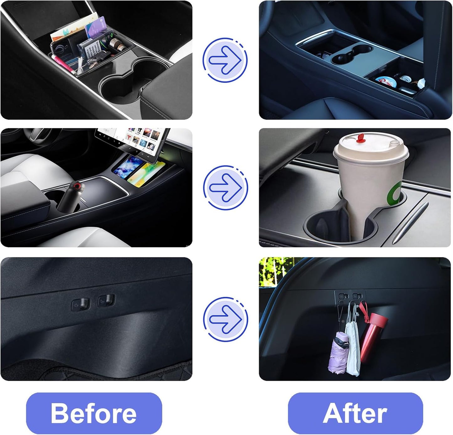 5Pcs Tesla Model Y Accessories 2024 - Center Console Organizer Tray, Silicon Cup Holder Insert, Rear Trunk Hook, Camera Cover, for Tesla Model 3 2021-2023, Tesla Model Y 2019-2023