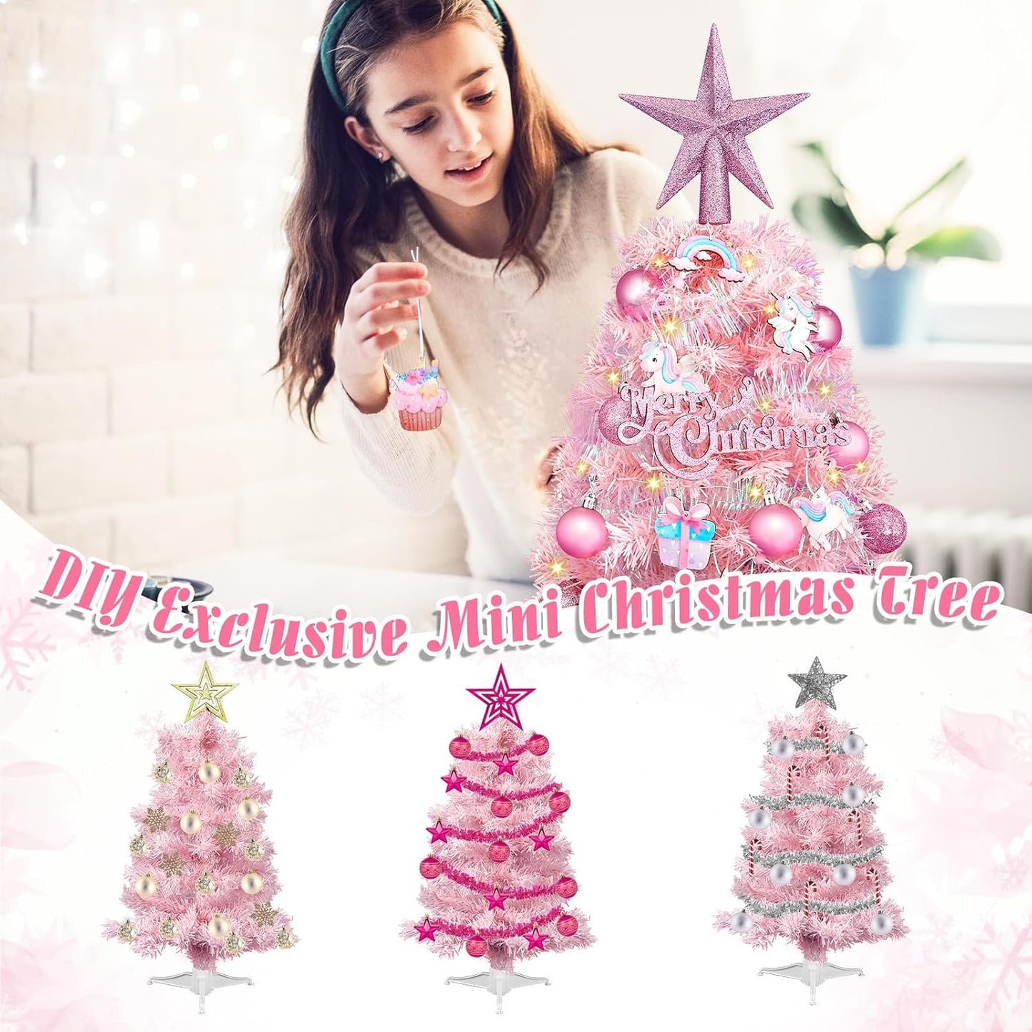 Tabletop Christmas Tree 24-Inch Mini Christmas Tree with LED String Lights, Star Treetop, Hanging Ornaments, Tabletop Small Xmas Tree for Holiday Indoor DIY Christmas Decor Pink