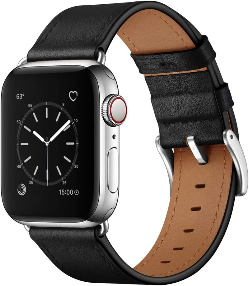 Compatible with Apple Watch Band 42Mm(Series 10) 41Mm 40Mm 38Mm, Genuine Leather Band Replacement Strap Compatible with Apple Watch (Black+Black/Silver)