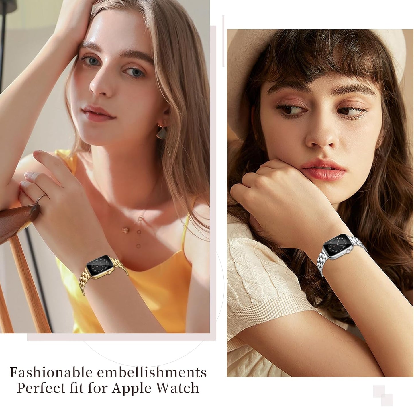 Thin Metal Bands Compatible with Apple Watch Band 38Mm 40Mm 41Mm 42Mm 44Mm 45Mm 46Mm 49Mm, Slim Stainless Steel Wristband Strap for Iwatch Ultra SE Series 10 9 8 7 6 5 4 3 2 1-Silver+Gold