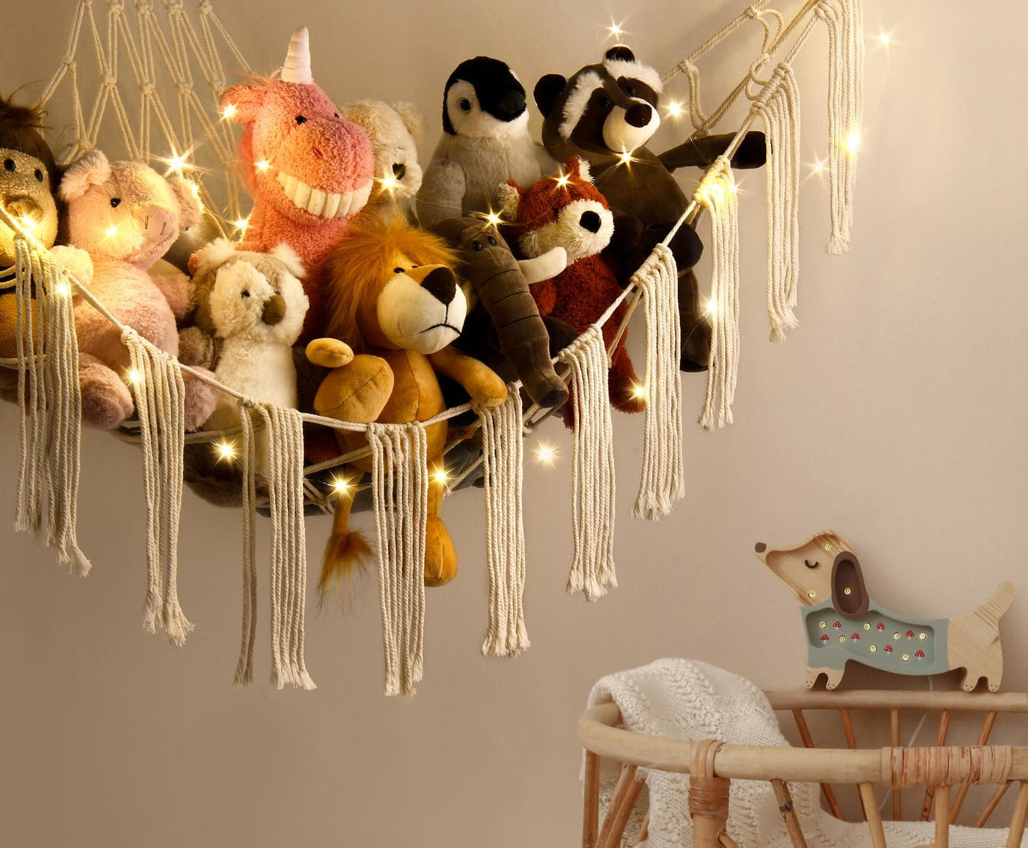 Stuffed Animal Hammock Corner with LED Light - Toy Storage Hammock Plushie Net Large - Cute Stuff Animals Holder Hanging Organizer - Baby Room Decor Kids Toddler Nursery Bedroom Boho