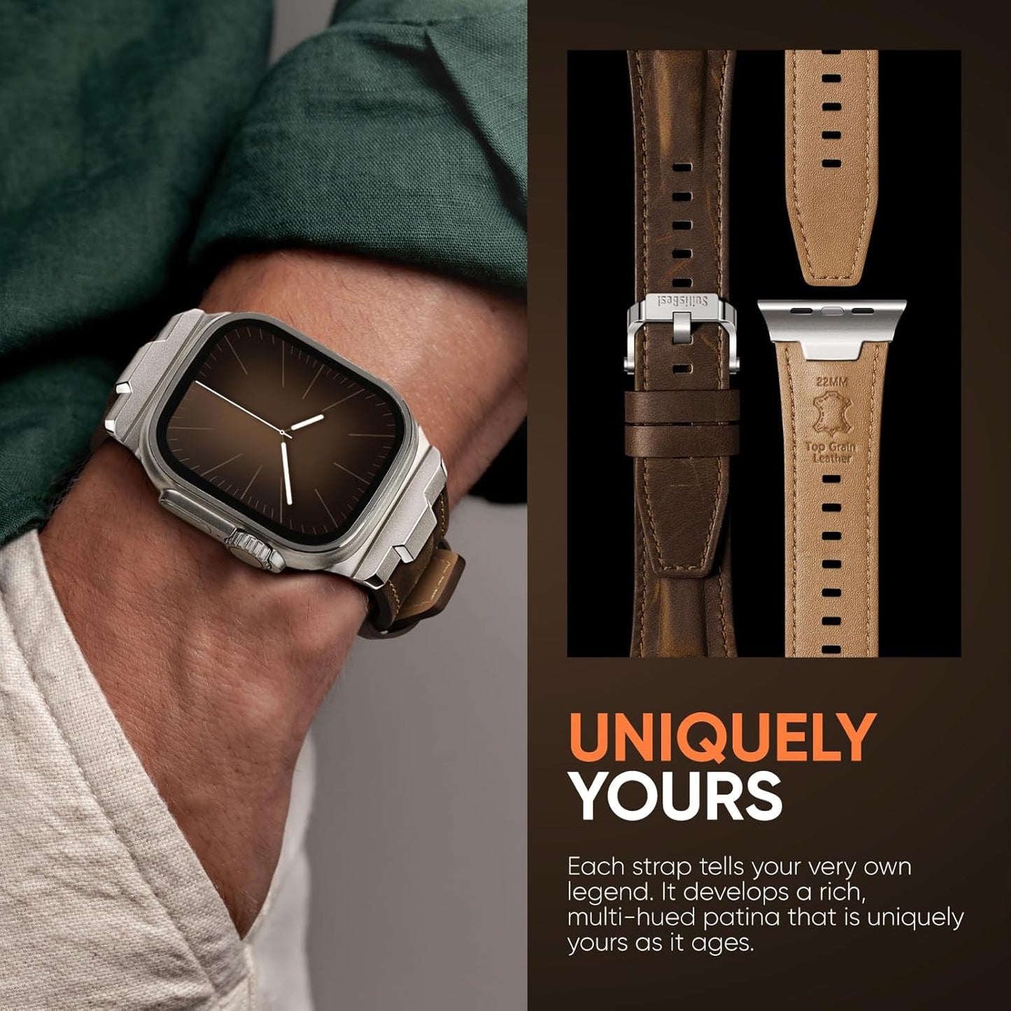 Leather Bands Compatible for Apple Watch Ultra Band 49Mm 46Mm 45Mm 44Mm 42Mm, Genuine Leather Rugged Durable Matel Connector Replacement Strap for Women Men Iwatch Ultra 10 9 8 7 6 5 4 3 SE