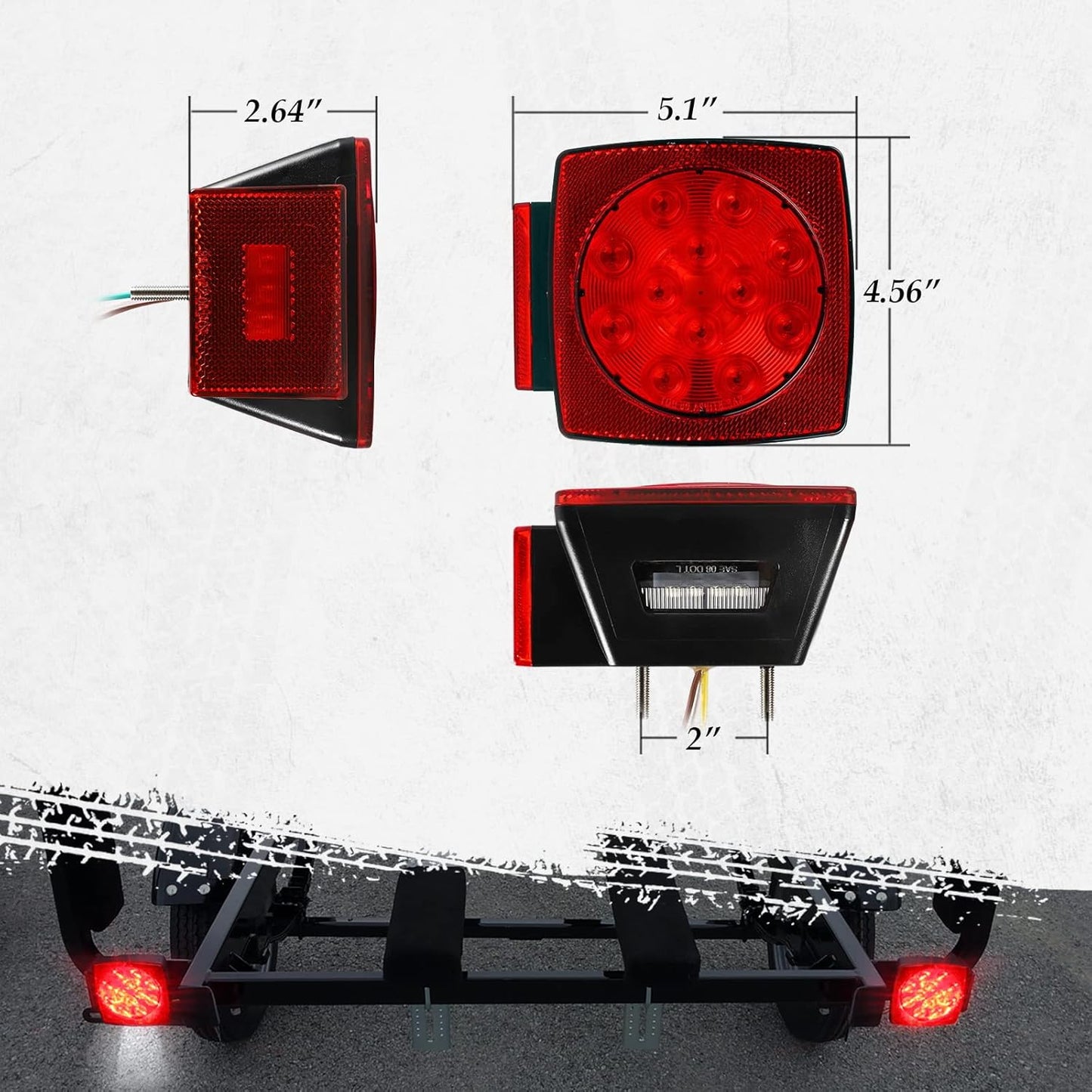 12V Submersible Square Led Trailer Light,Red White LED Stop Turn Tail License Brake Running Light Lamp for Trailers under 80" Boat Trailer Truck Marine Camper RV Snowmobile,Ip68,Dot Compliant